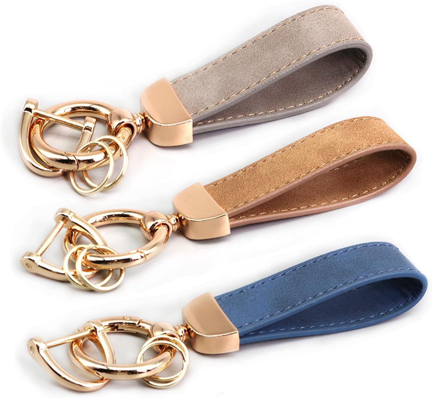 3PCS Leather Car Keychain Accessories Key Ring 360 Degree Rotatable Snap Swivel and Anti-Lost D-Ring Metal Key Chains for Men and Women(Brown,Blue,Grey), Golden image number 1