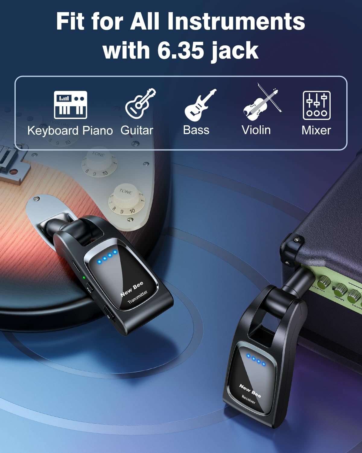 New Bee Wireless Guitar System 2.4Ghz with 6 Channels Rechargeable Audio Transmitter Receiver for Bass Electric Instruments image number 2