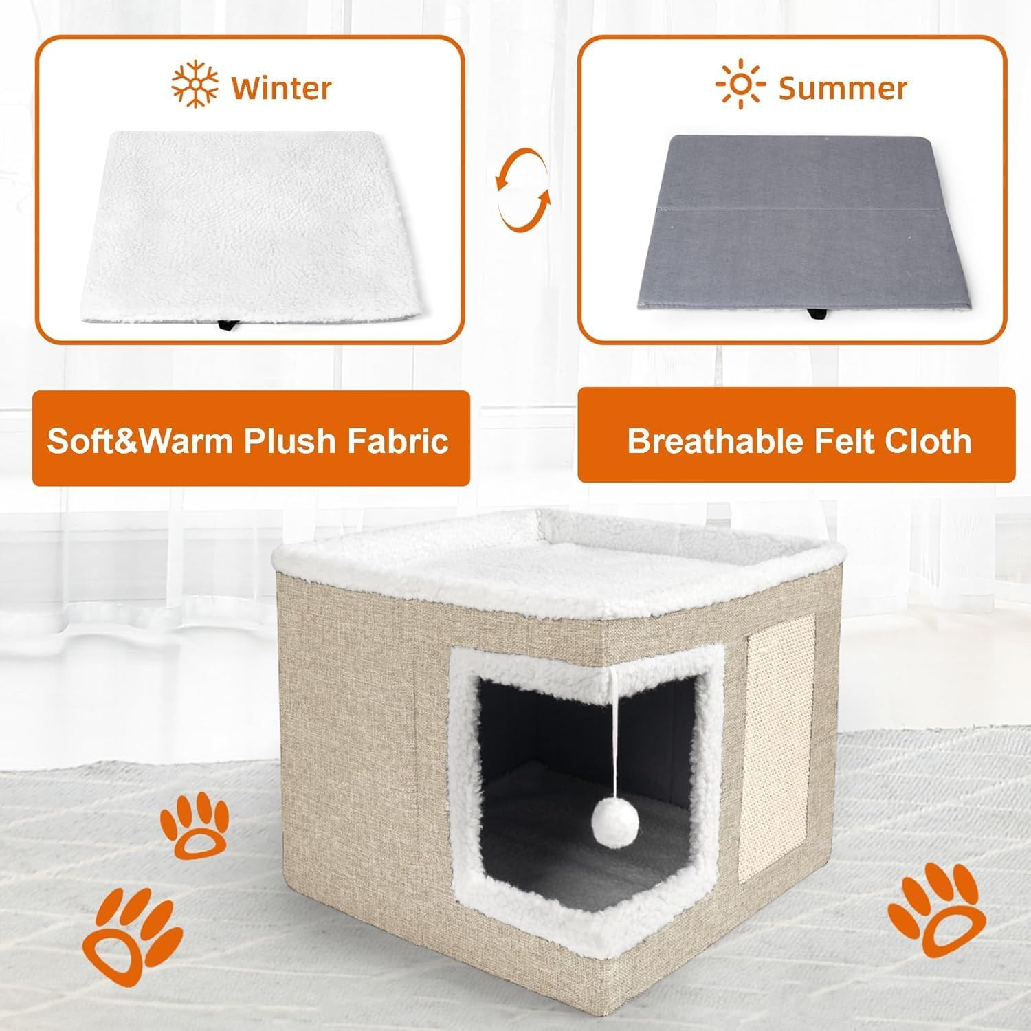 Cat Houses for Indoor Cats - Large Cat Bed Cave with Scratching Pad and Fluffy Ball, Foldable Cat Condo Hideaway with Reversible Cushion for Multiple Small Pets, Khaki