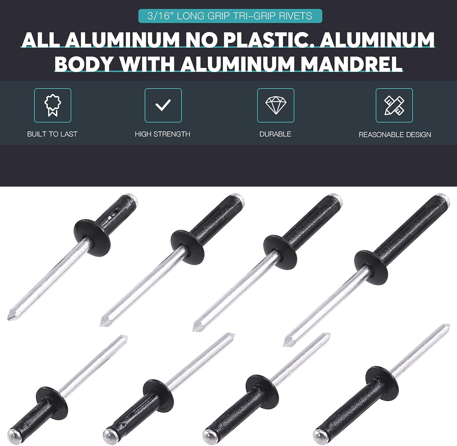 80Pcs 3/16" Long Grip Tri-Grip Rivets Tri-Fold Tri Bulb Long Pop Mounting Rivet Kit for Kayak and Boat Accessories - 70, Silver image number 5