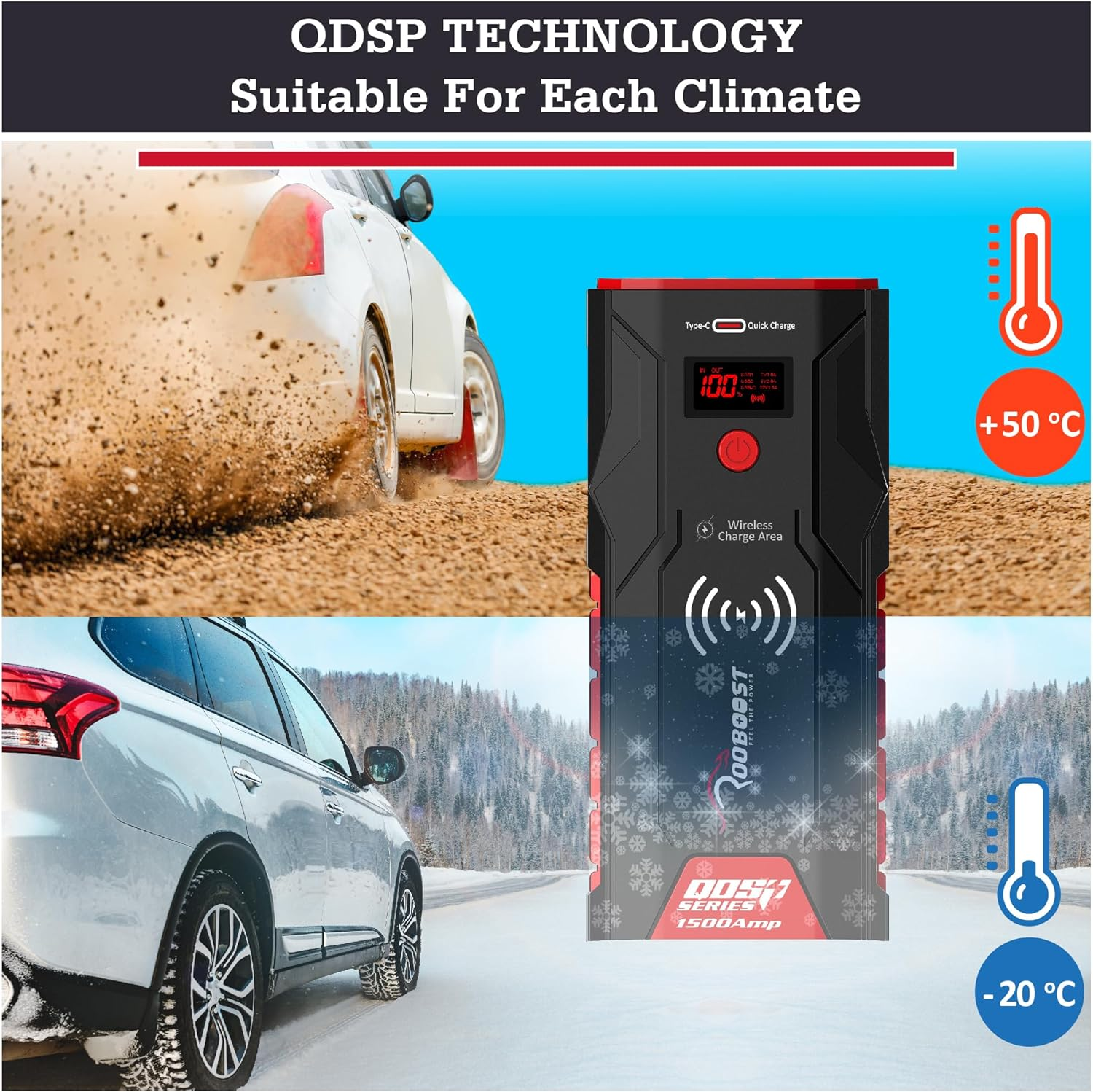 ROOBOOST Jump Starter, 1500A 12V Battery Booster, Jump Start Pack, Petrol & Diesel, Smart Jumper Cable, Quick Charge Power Bank, Wireless Charger, Digital Display. RB-PRO1500 Car Battery Jump Starter image number 5