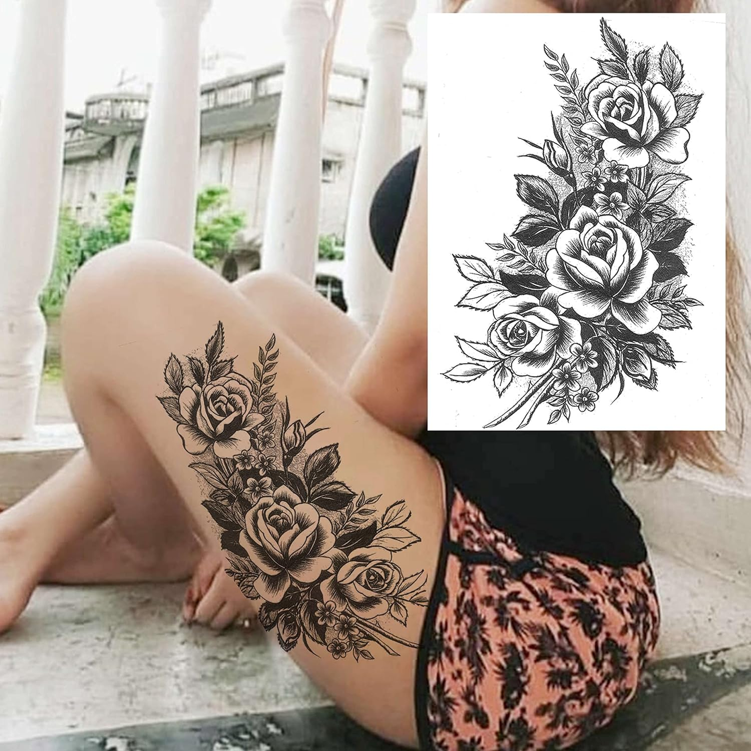 11 Sheets NEZAR Large Vine Peony Flower Rose Full Arm Temporary Tattoos for Women Realistic Skull Skeleton Fake Temporary Tattoo Sleeves Stickers Waterproof Leg Makeup Floral Blossom Tatoos Paper Eye image number 5