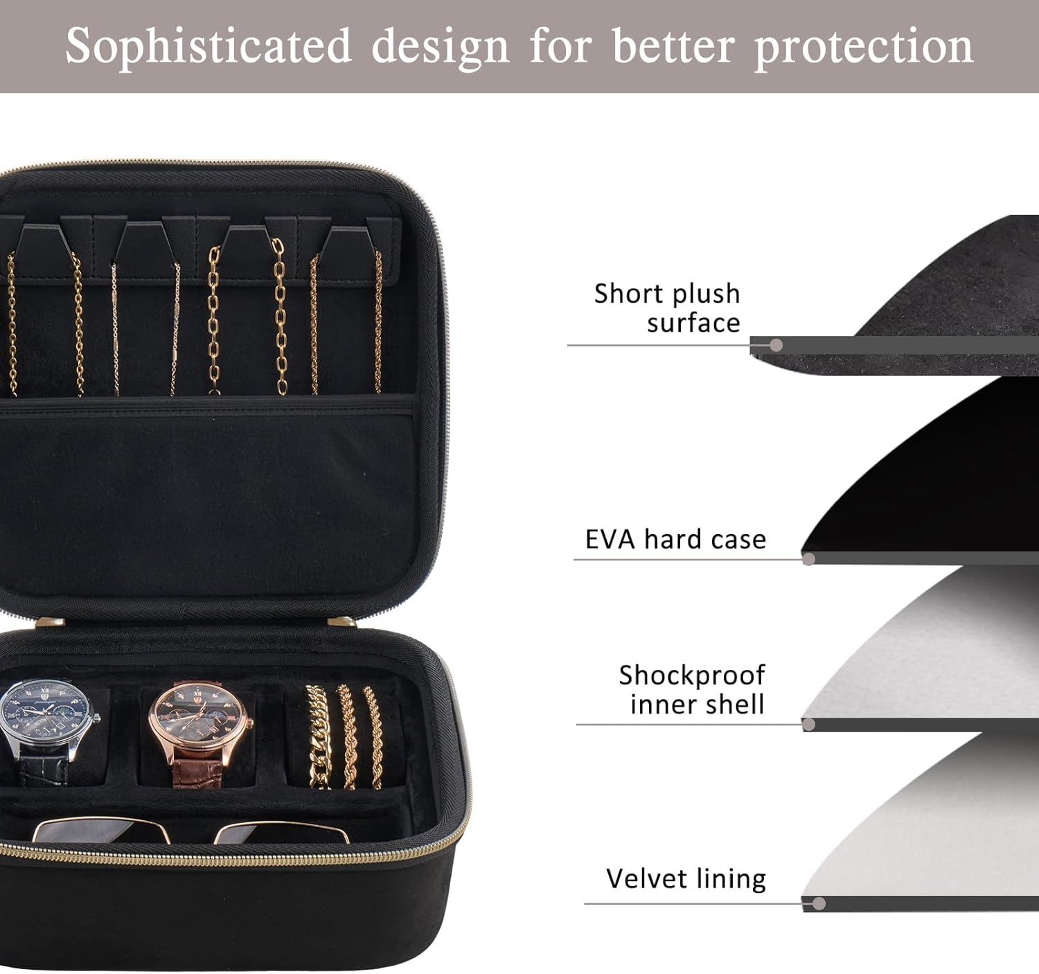 Procase Mens Medium Jewelry Storage Case, 3 Slots Travel Watch Accessories Carrying Box, Glasses Necklaces Rings Bracelets Zippered Organizer Bag for Male -Black image number 1