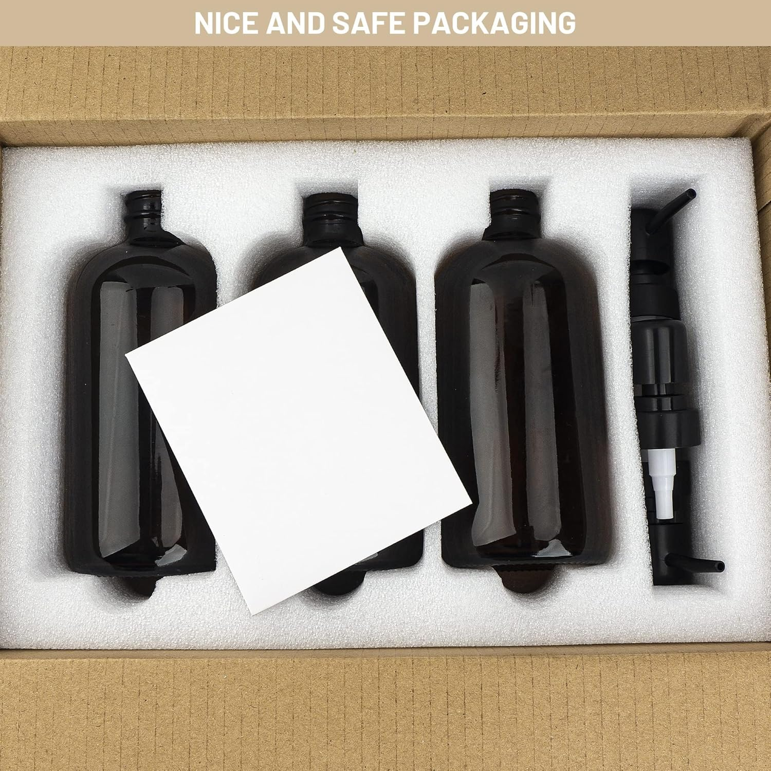 Set of 3 Amber Glass 16.9Oz Soap Dispensers with 22 White Labels Bathroom Liquid Bottle Container with Black Pump image number 1