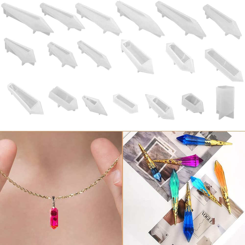 AFUNTA 20 Pcs Pendulum Resin Molds, Crystal Pendant Silicone Molds Multi-Facet Gemstone Resin Molds Silicone for Jewelry Necklace Making DIY Craft with 30 Pcs Bead Caps