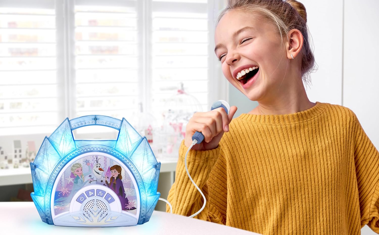 Frozen 2 Sing along Boombox with Microphone, Built in Music, Flashing Lights, Real Working Mic for Kids Karaoke Machine, Connects Mp3 Player Aux in Audio Device image number 1