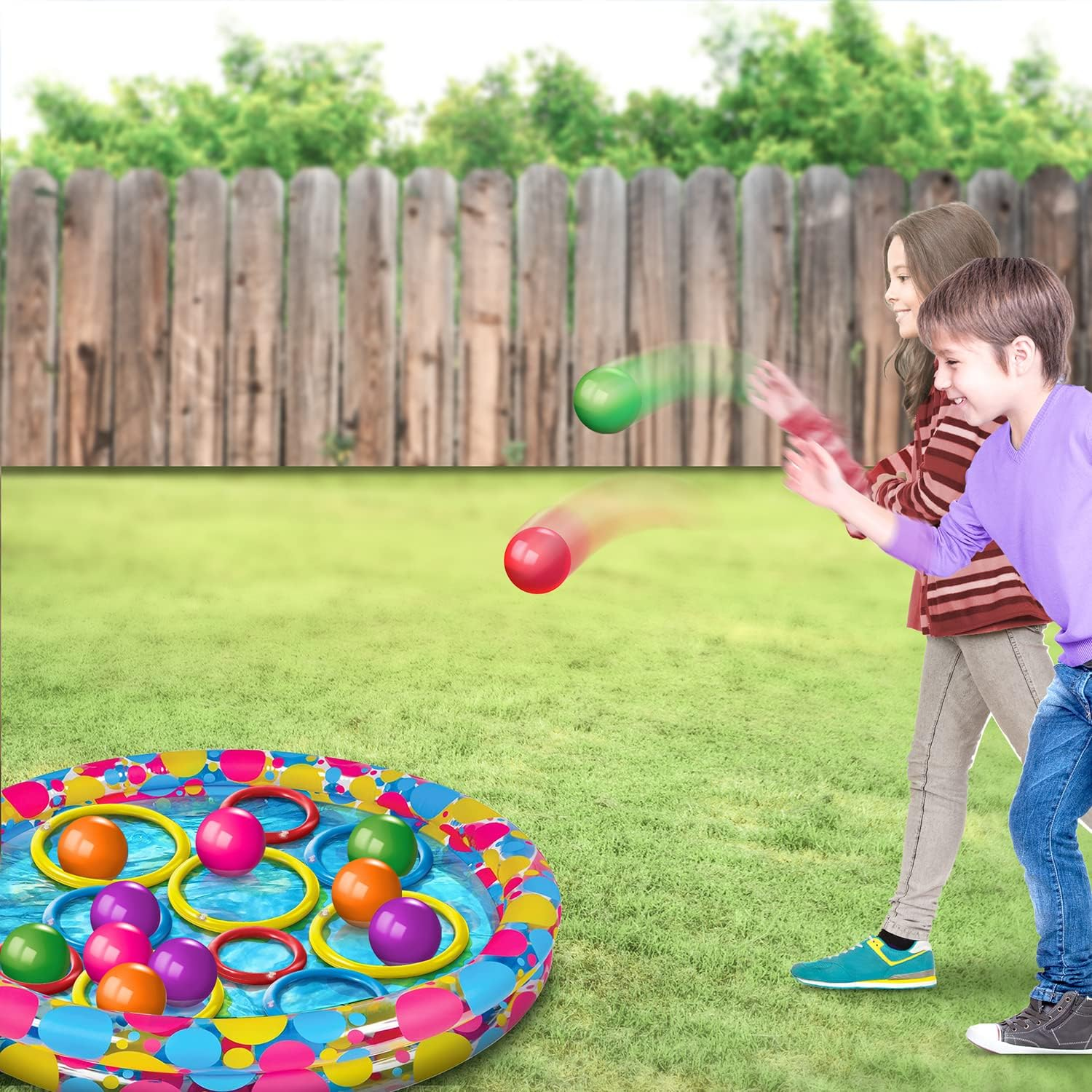 Gamie Floating Ring Toss Game for Kids, Outdoor Carnival Game Set with Inflatable Pool, Floating Rings, and Colored Plastic Balls, Outdoor Games for Family and Backyard Parties image number 1