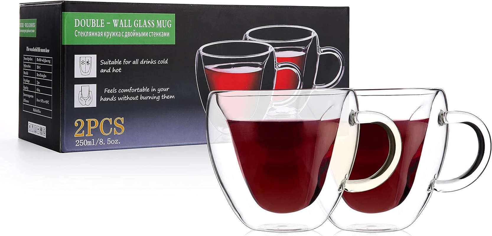 CNGLASS Double Wall Heart Shaped Glass Coffee Mugs 8.5Oz(Set of 2),250Ml Insulated Clear Tea Cups with Handle,Unique Glass Espresso Mugs for Coffee,Cappuccino,Latte,Milk image number 2