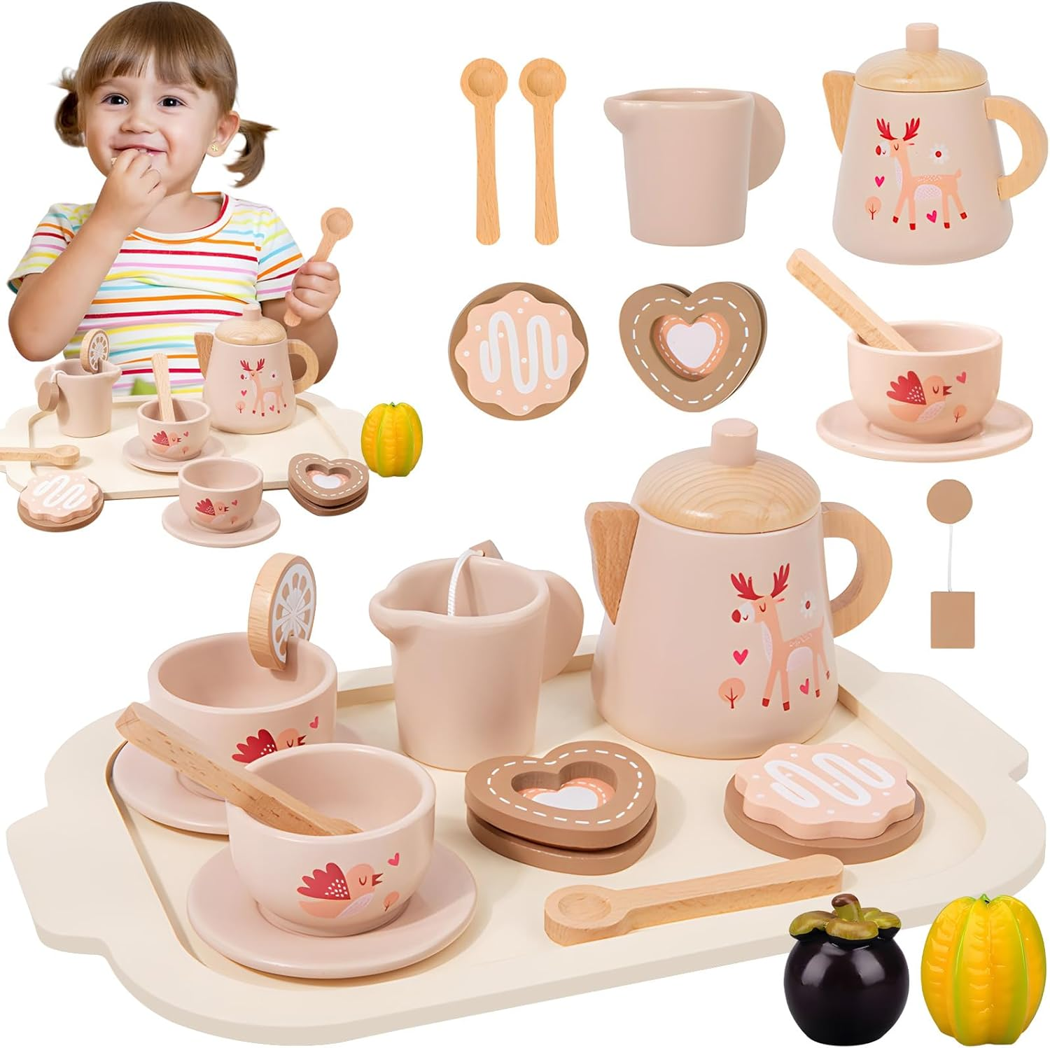 Wooden Tea Party Set for Little Girls, Play Kitchen Accessories for Toddlers Princess Tea Time Party Food Toys for 3 4 5 6 Years Old Gifts image number 2