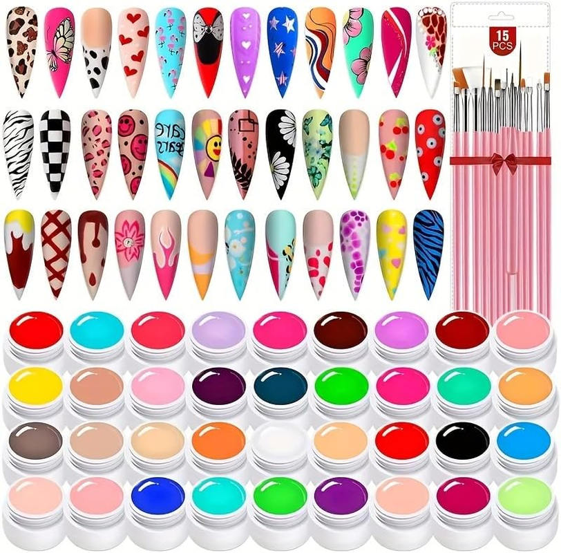 36 Colors Nail Art Gel Paint Kit - Nail Art Kit Colored Nail Gel Set with 15Pcs Painting Nail Brushes image number 5