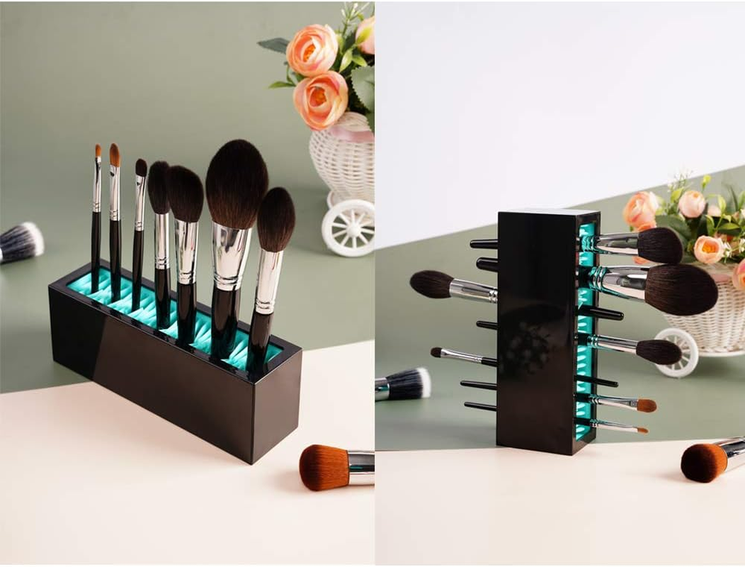 Makeup Brushes Holder Organizer, Silicone Vanity Air Drying Rack Display Storage for Brush, Eyeliners and More, Practical Cosmetic Tools Container (Blue-Black) - Blue-Black image number 6