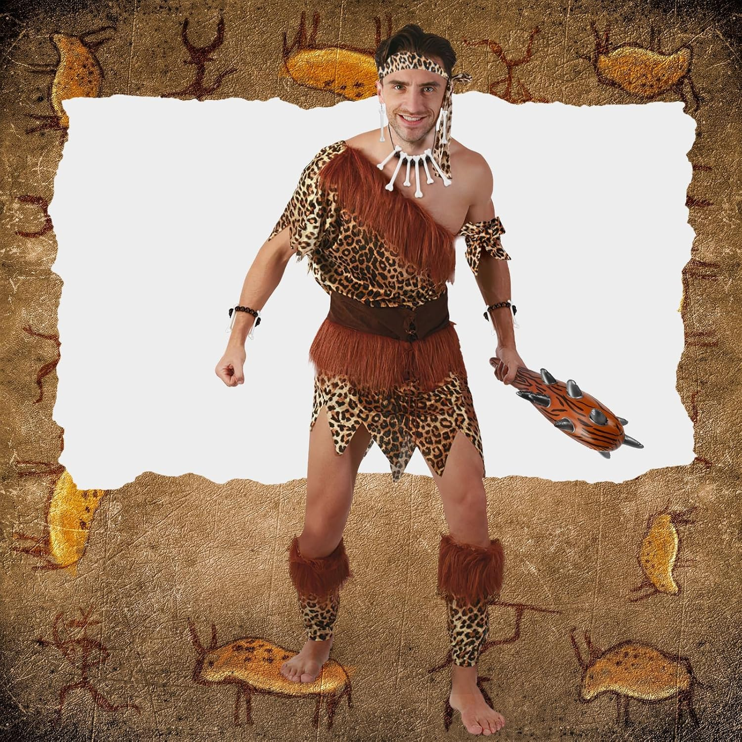 7 Caveman Costume Accessories - Adult & Kids Inflatable Club, Bone Headband, Necklace, Bracelet, Earrings, Leopard Armband - Caveman & Cavewoman Fancy Dress for Halloween & Carnival Party