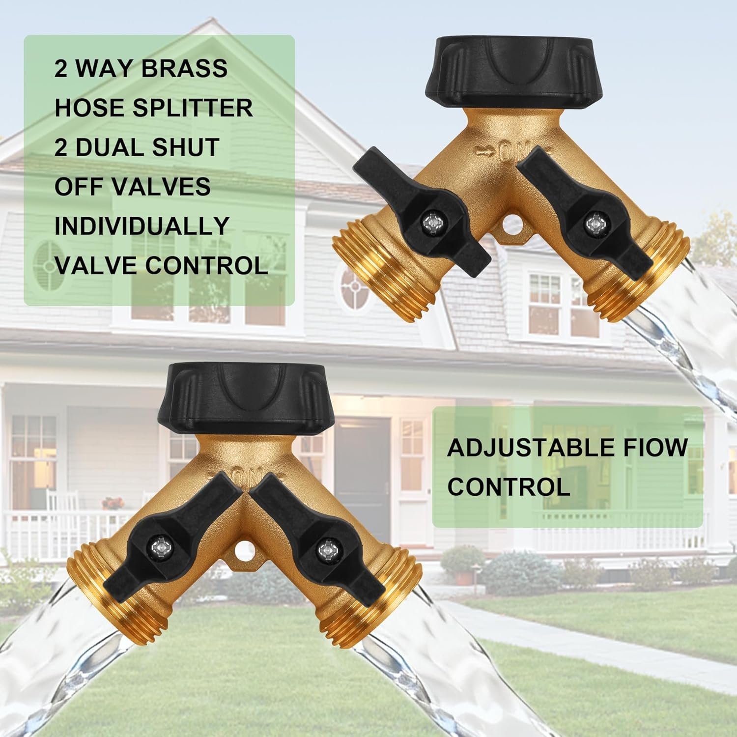 Biswing 2 Pack Garden Hose Splitter 2 Way, Heavy Duty Brass Connector Tap Splitter, Y Splitter 2 Valves with 4 Extra Rubber Washers