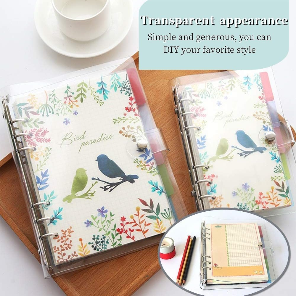 2 Pack A5 6 Ring Soft Cover Binder,Transparent PVC Notebook Cover with Snap Button(23.3 * 18Cm)