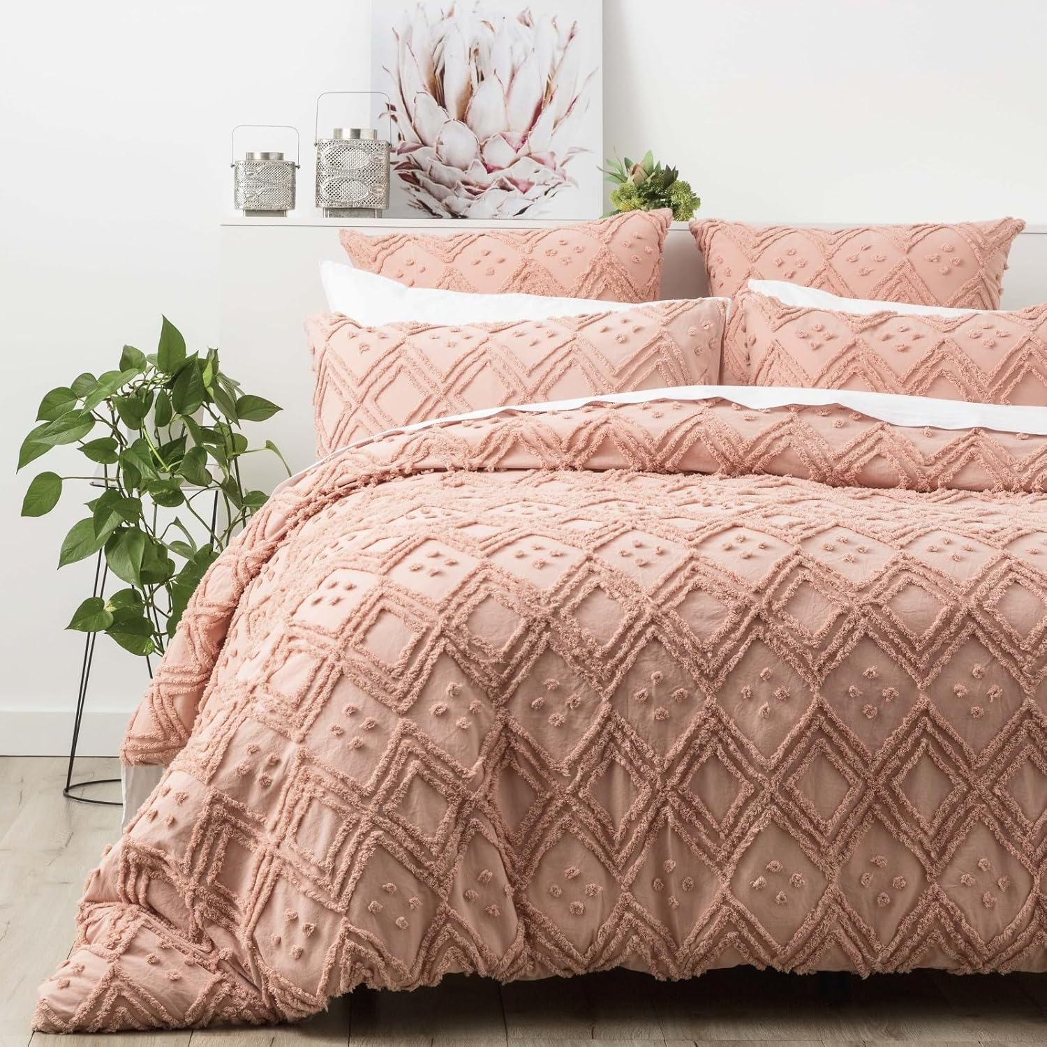 Park Avenue Medallion 100% Cotton Vintage Washed Tufted European Pillowcase, 65 Cm X 65 Cm Size, Blush