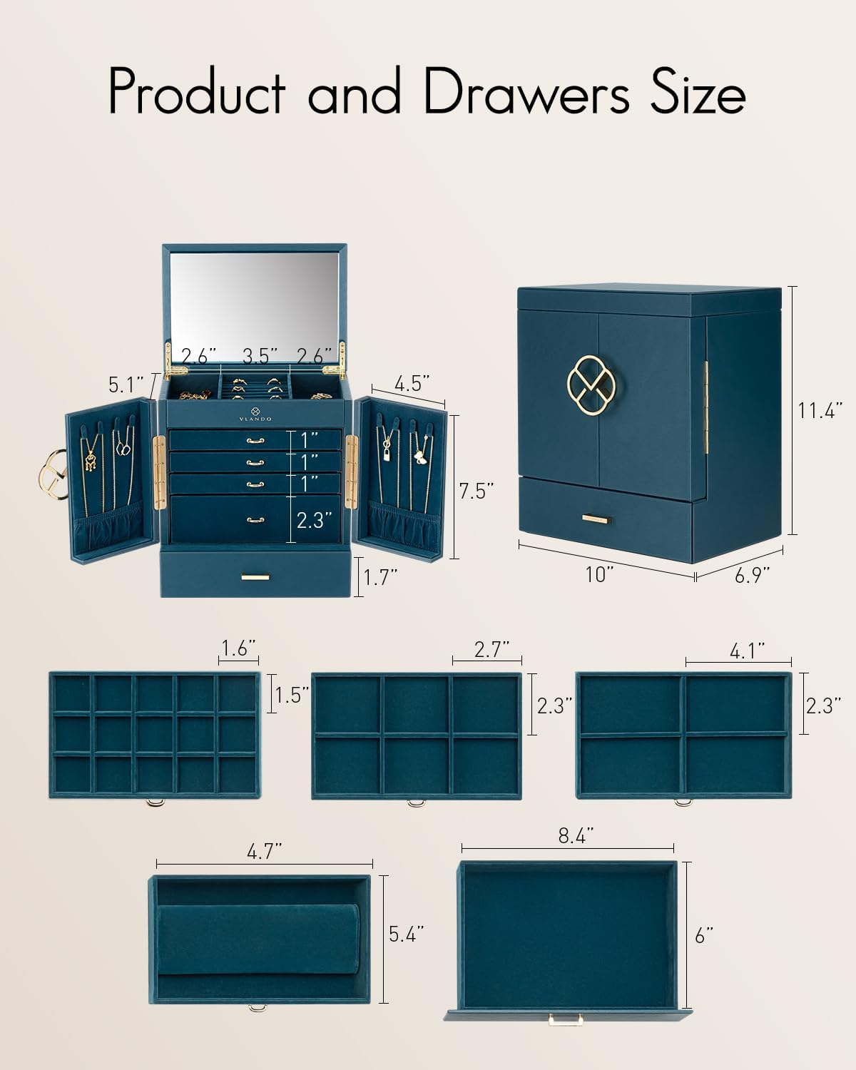 Vlando Jewellery Box, Huge Faux Leather Jewellery Boxes Jewellery Organiser,Earring Neckace Ring Storage Case for Women,Home Storage & Organisation,Girl Gift Green image number 4