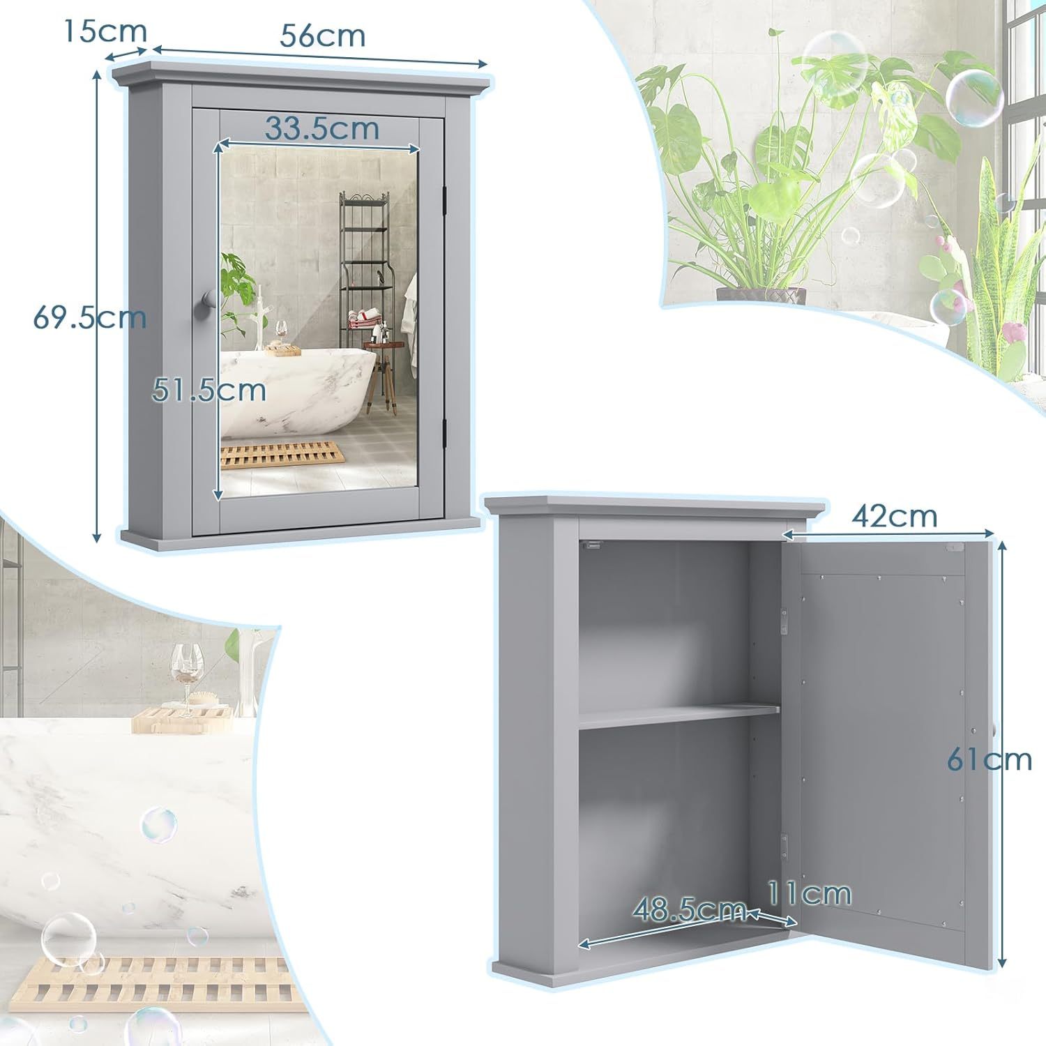 Giantex Mirrored Bathroom Cabinet, Wall Mount Wooden Medicine Storage Cabinet W/Single Door & Adjustable Shelf, Multipurpose Home Organizer 56 X 69 Cm (Gray)
