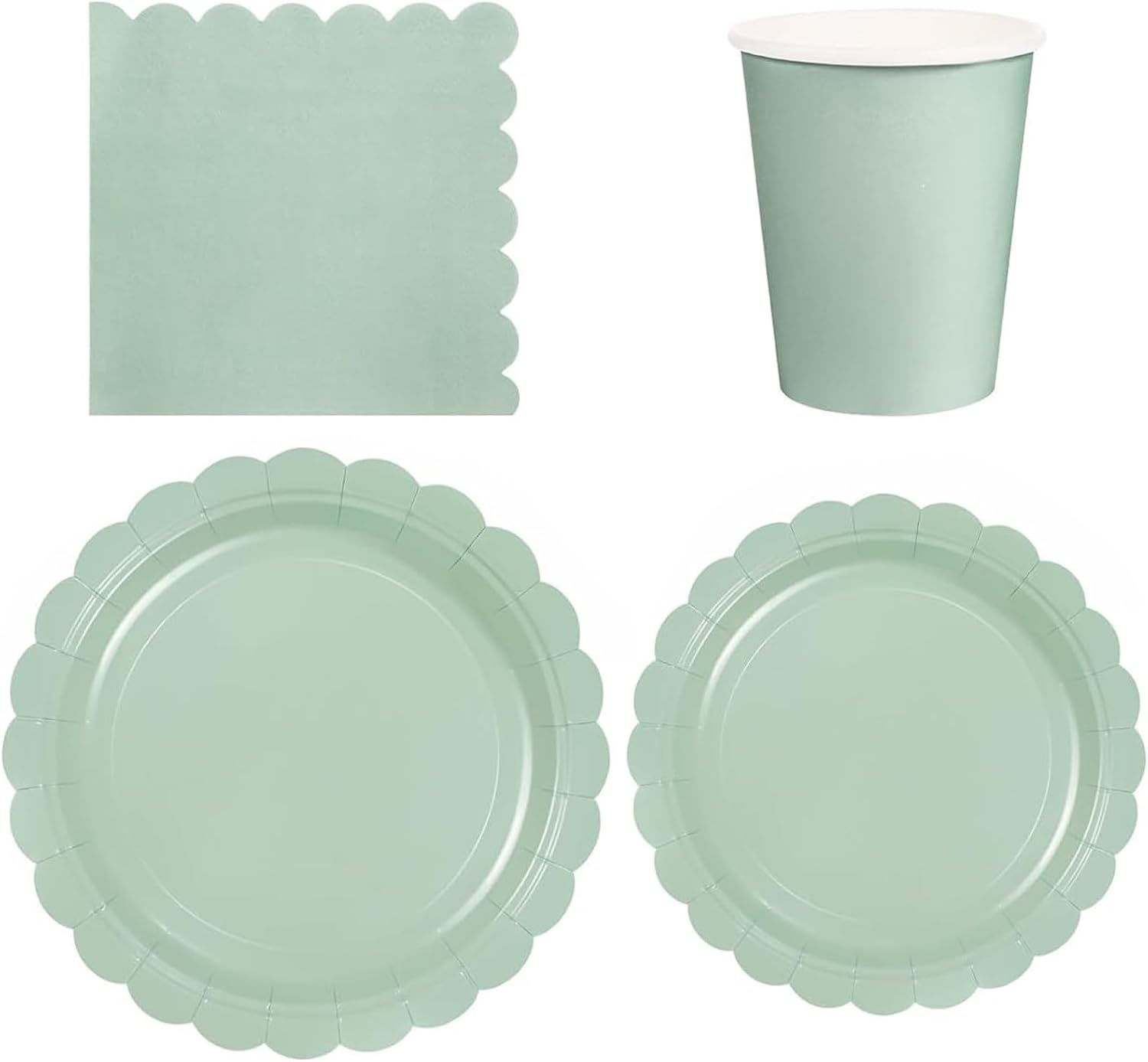 68 Pcs Sage Green Paper Plates and Napkins, 16 Guest Sage Green Party Supplies Include Sage Green Scalloped Plates Paper Cup Spoons for Baby Shower, Wedding, Birthday Dinner Picnic Camping Party image number 1