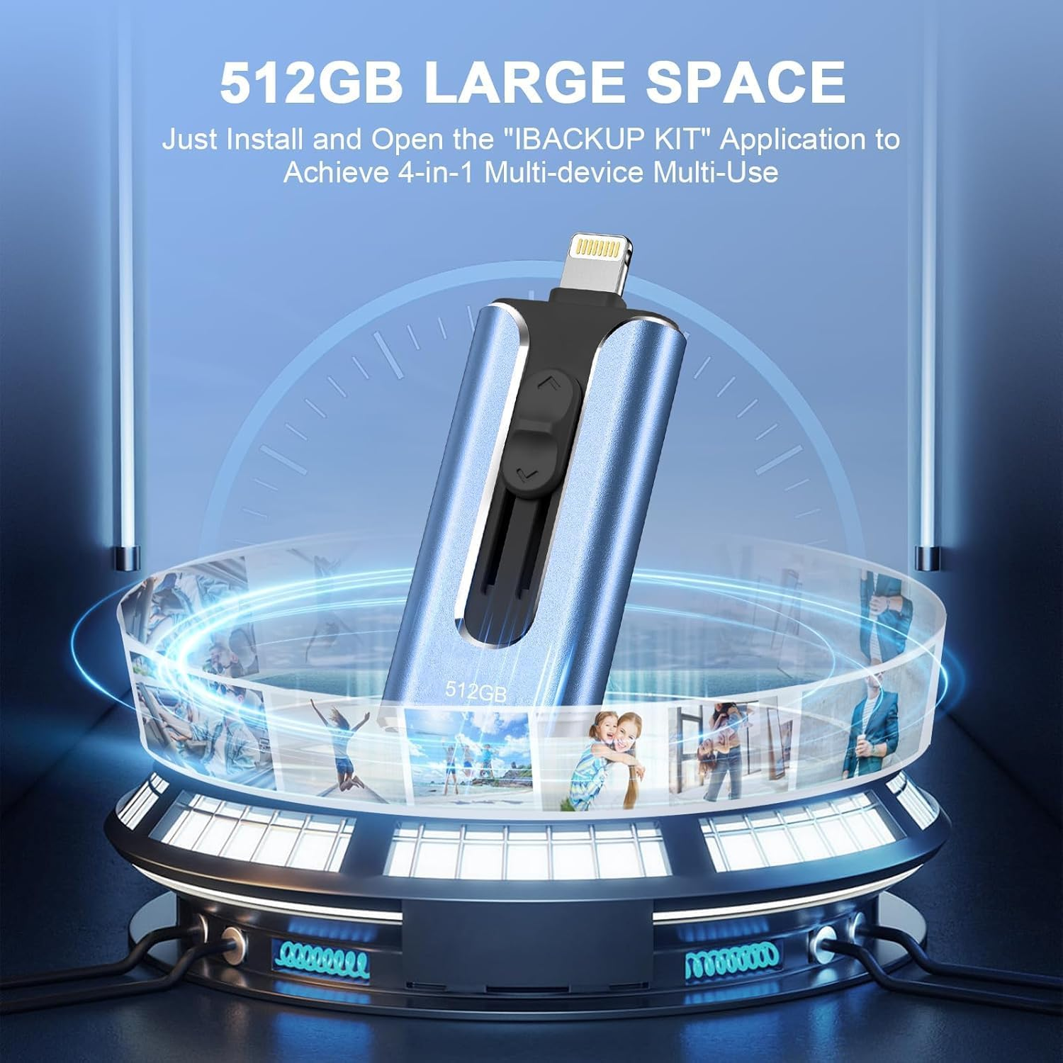 Phone Photo Stick,Mfi Certified Phone Flash Drive,4 in 1 512G USB Drive for Phone Ipad USB Stick,Phone Thumb Drive,Phone Photo Storage Phone Memory Stick for Phone/Pc/Ipad/More Devices(Blue - Black image number 7