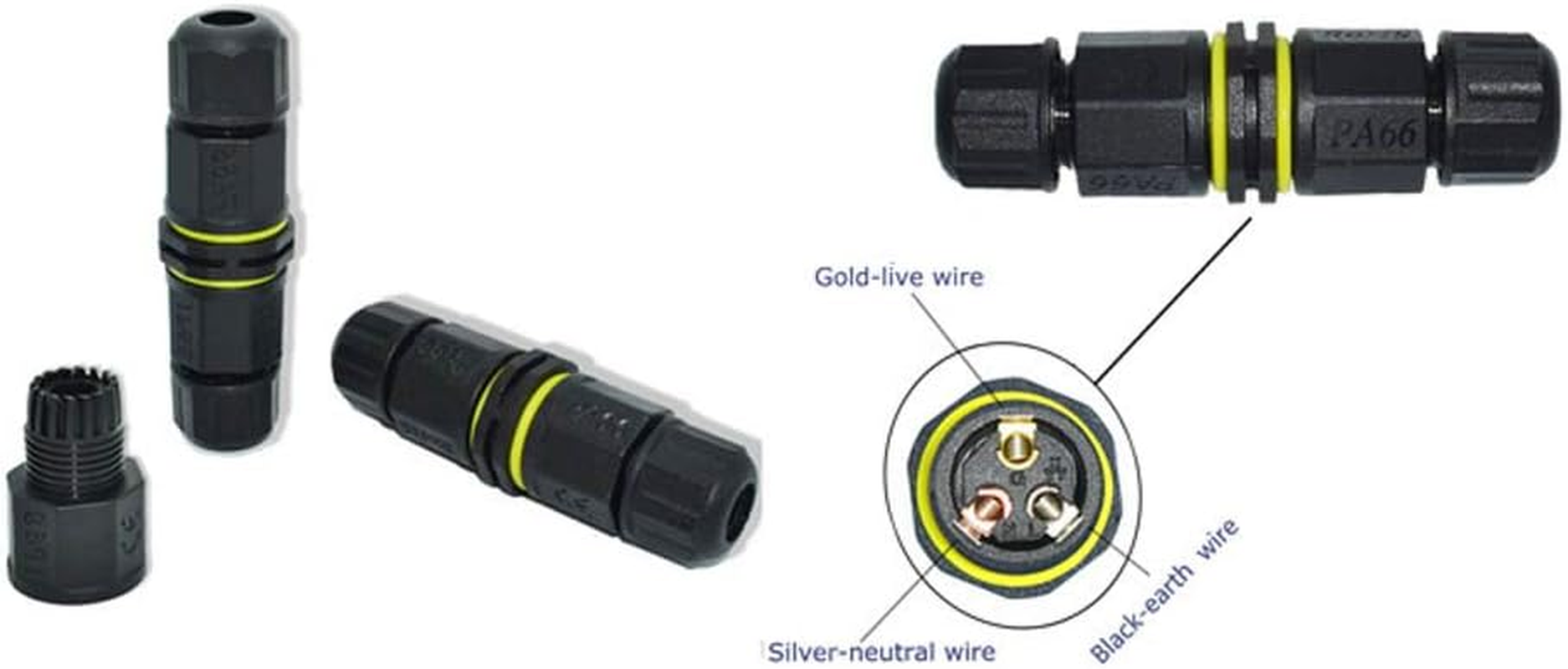 Set of 4 NUZAMAS 3 Pin Waterproof Connector Outdoor Junction Box IP68 Electrical Connectors for 4.5Mm-10Mm Cable, Outdoor, Garden, Christmas Light, Street Light, Led Lamp, Solar Supplies image number 3