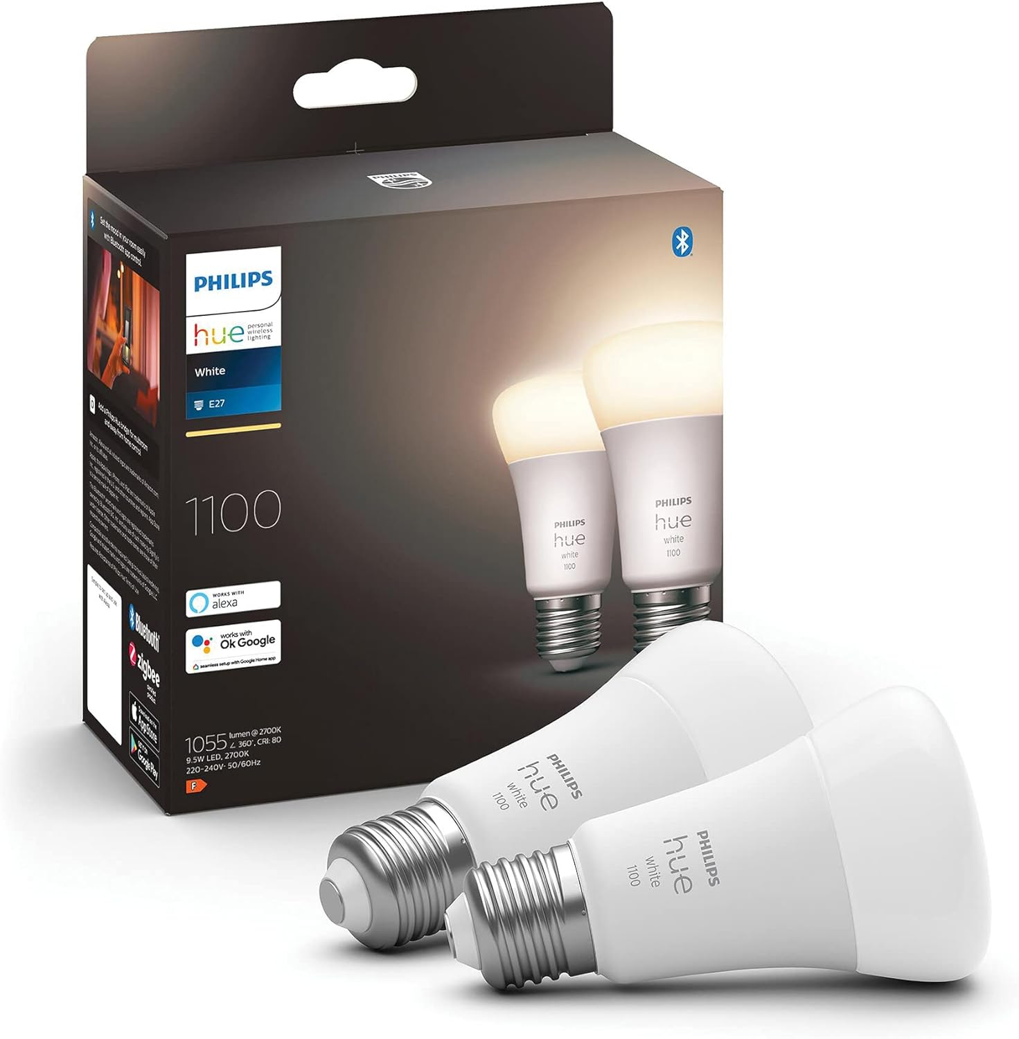 Philips Hue White Smart Bulb Twin Pack LED [E27] with Bluetooth