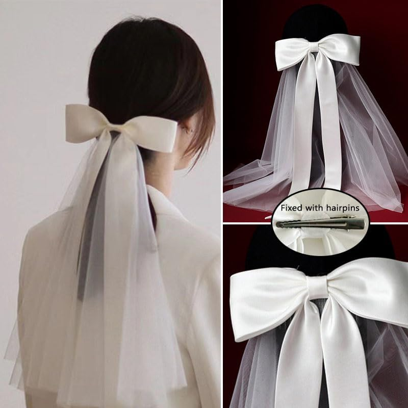 WADY Bridal Wedding Veil Hair Bows White Lace Ribbon Hair Clip Long Tail,Wedding Bow Veil White Pearl Hair Clip Tulle Bridal Hair Bow with Clip Bachelorette Party Accessories for Women and Girls image number 2