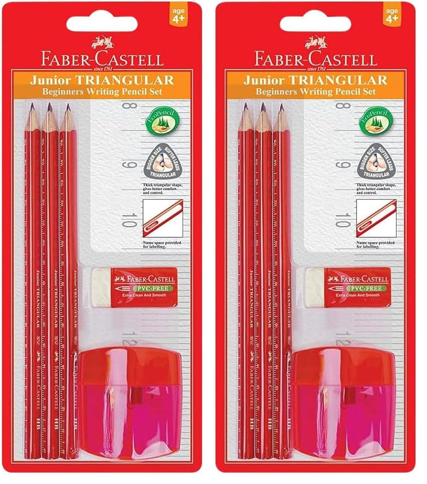 Faber-Castell Ergonomic Junior Triangular Graphite Pencil Set, 2B &ndash; 3 Graphite Pencils 2B, 1 Pvc-Free Eraser and 1 Sharpener, (89-116535)