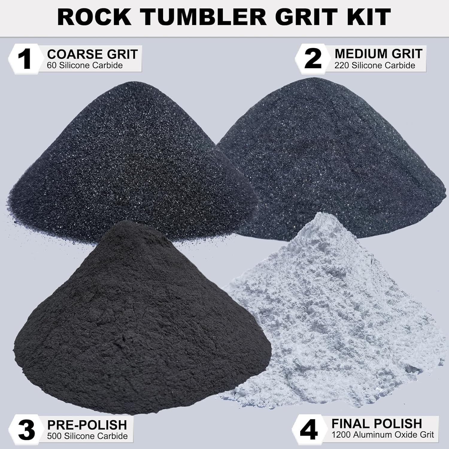 10 LBS Total Weight Rock Tumbler Grit Set, 4 Step Tumbling Media Refill-Coarse/Medium/Pre-Polished/Final Polish, Silicone Carbide Polisher Grit for Any Rock Tumbler, Rock Polisher, Stone Polisher image number 4