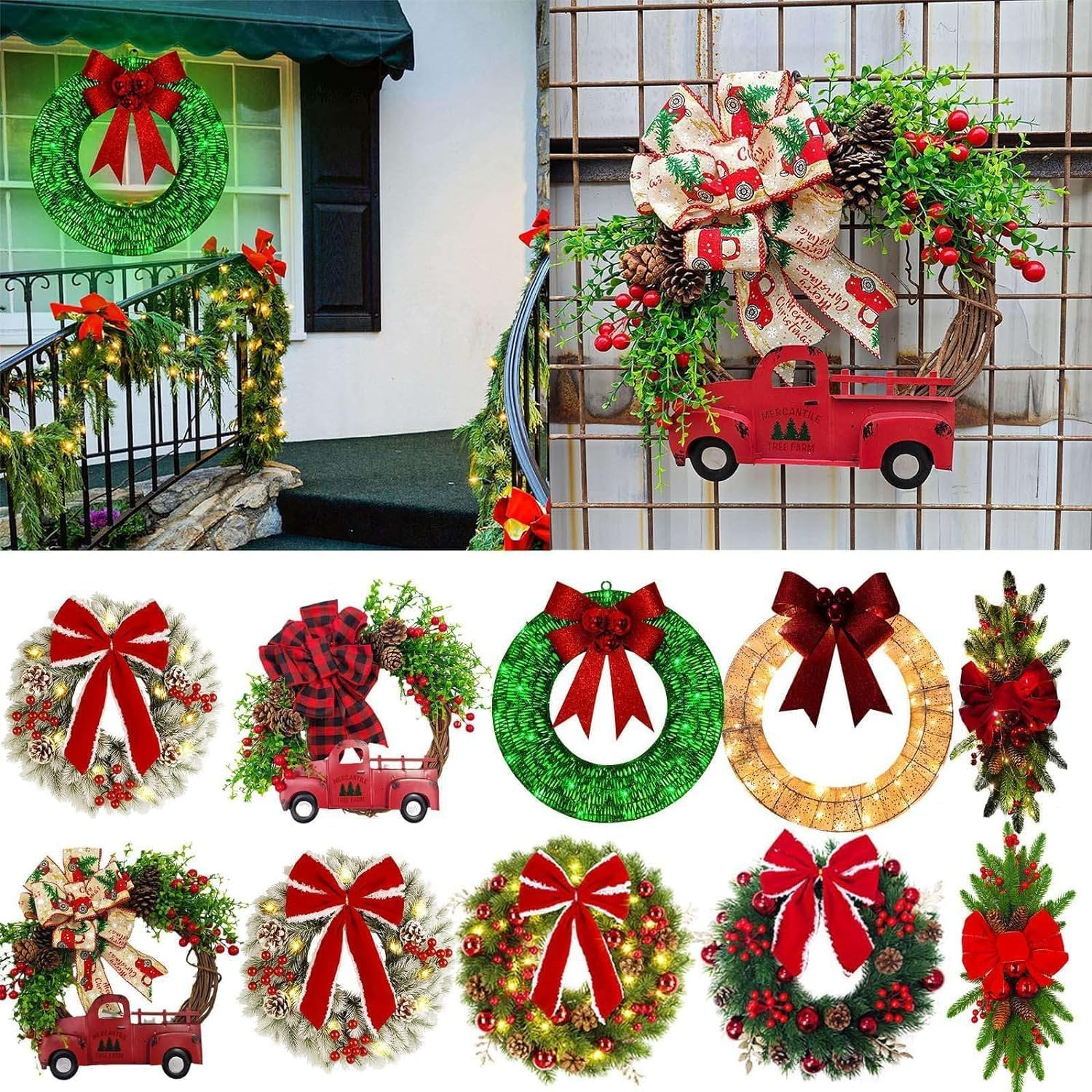 Christmas Wreath,Large Artificial Christmas Wreaths for Front Door,Xmas Wreaths with Bow Ribbon, Christmas Decor Winter Garlands Wreath for Outdoor Indoor Window Porch (E) - E image number 3