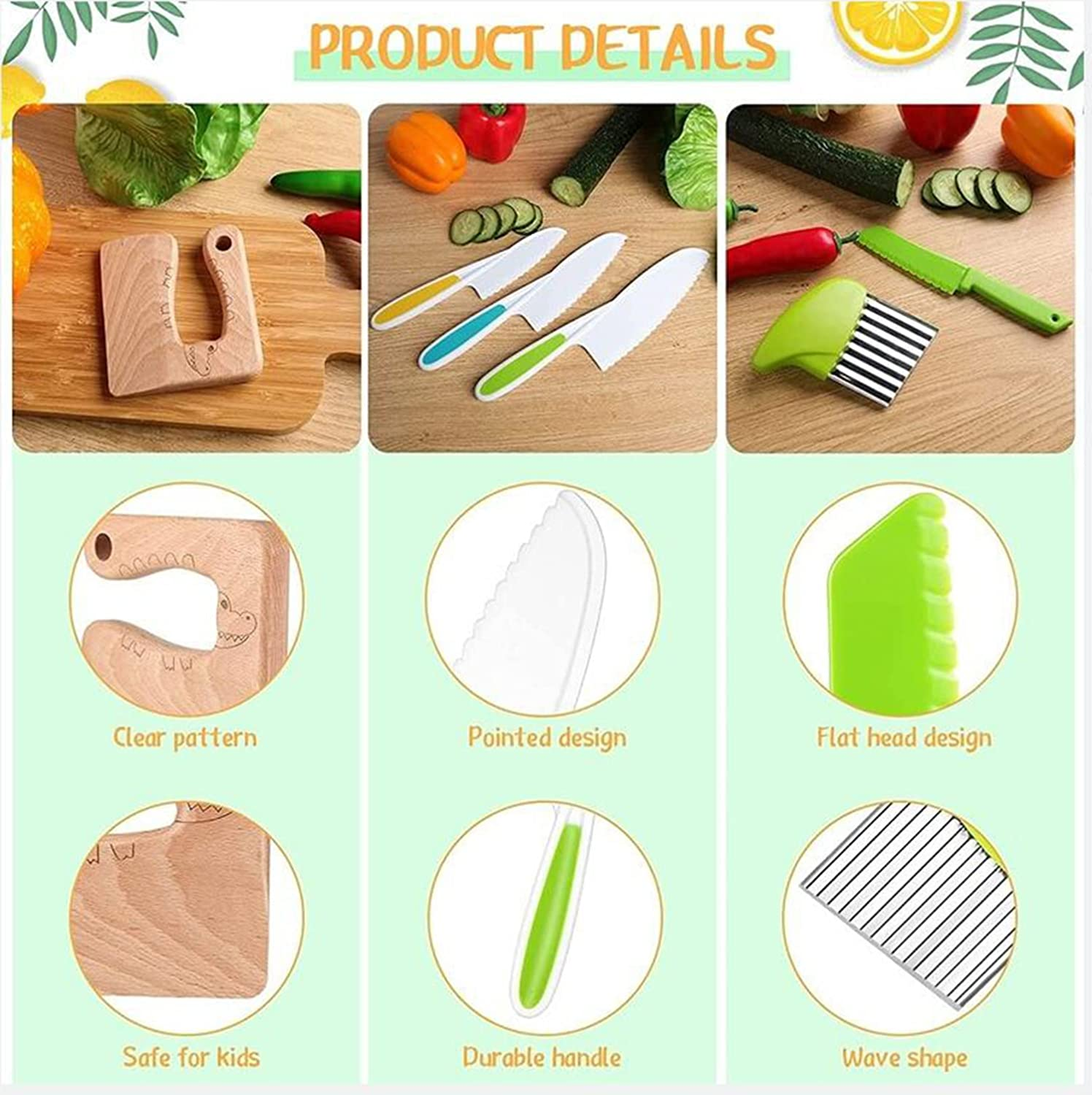 Kids Cooking Cutter Set, 8 Pcs Knife Set, Safe Knives, Wooden Kitchen Knife, Toddler Kitchen Tools for Montessori Chopper Cutting Fruit Vegetable image number 3