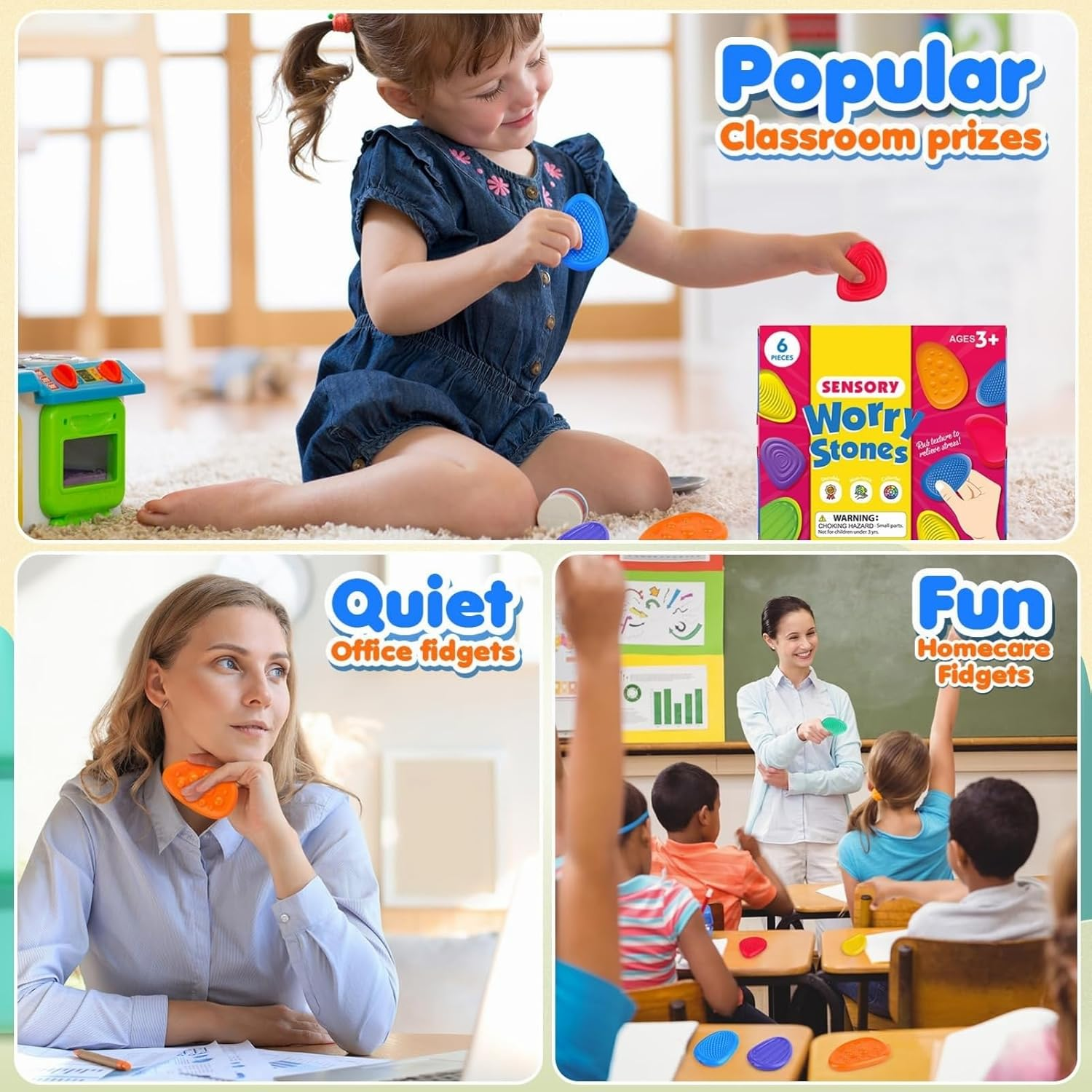 Fidget Toys Sensory Stone for Kids: 6 Pack Textured Soft Worry Stone for Autism Kids Calming - Fidget Stress Toys for Students Anxiety Relief - Small Prizes Fidget Toys image number 4