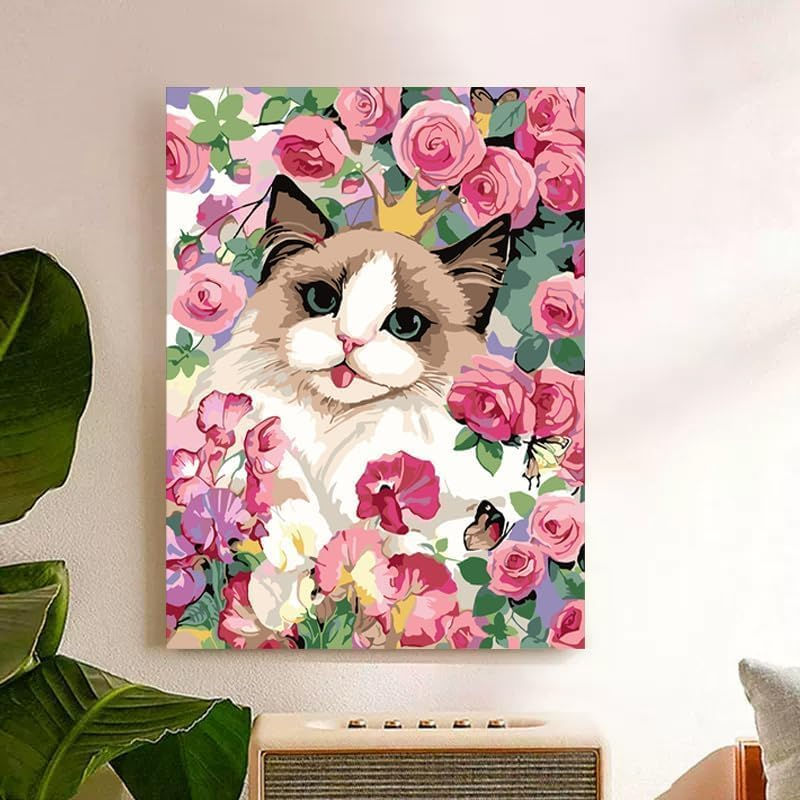 Paint by Number for Adults Beginners,12" Wx16 L Canvas for Painting Kits for Adults, Paint by Numbers for Home Wall Art Decor-Cat Flowers