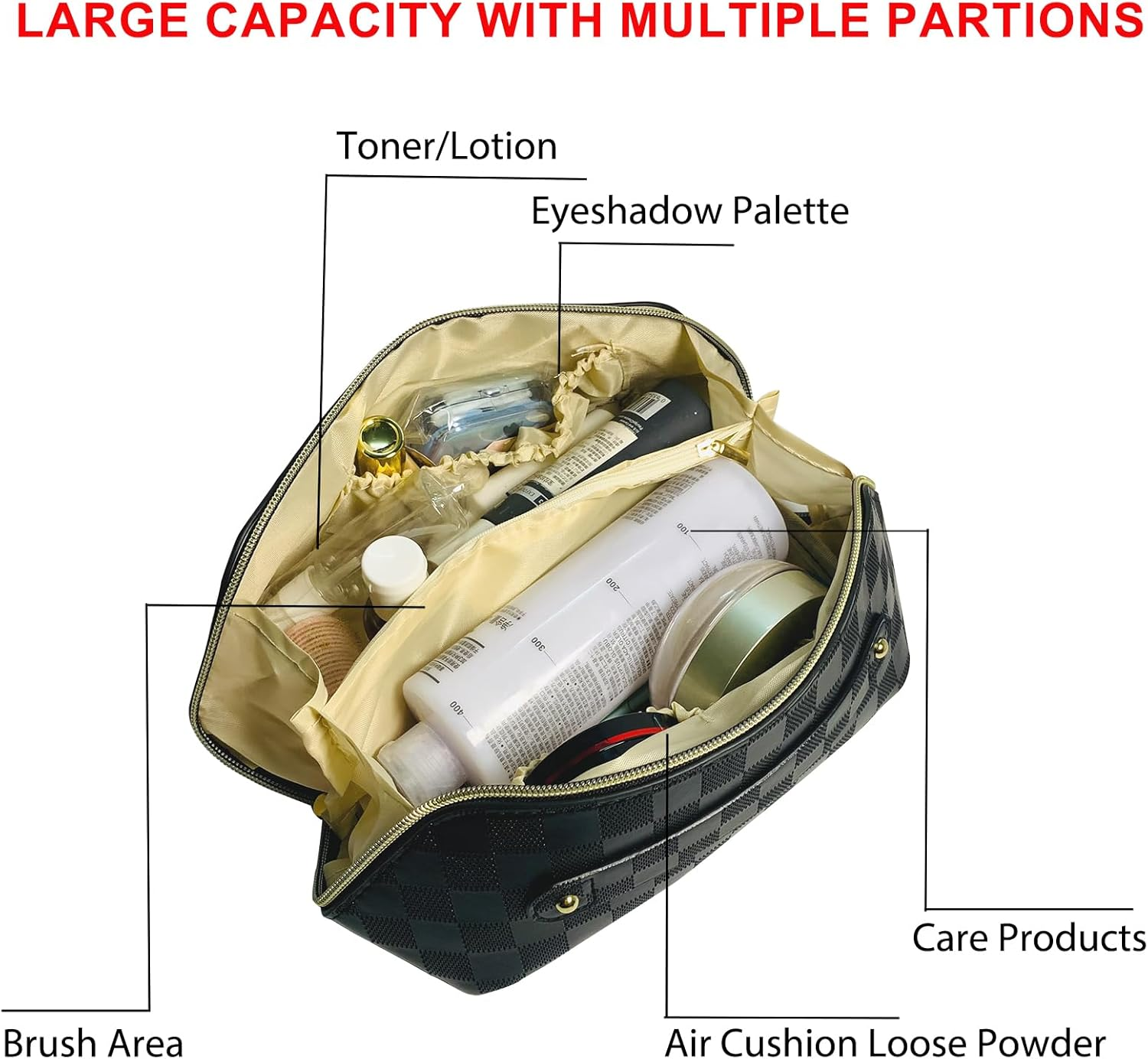 Travel Makeup Bag for Women, ZACHMEST Large Capacity Pouch Open Flat Cosmetic Bag with Compartments, Water-Resistant PU Leather Portable Toiletry Bag with Divider and Handle image number 4