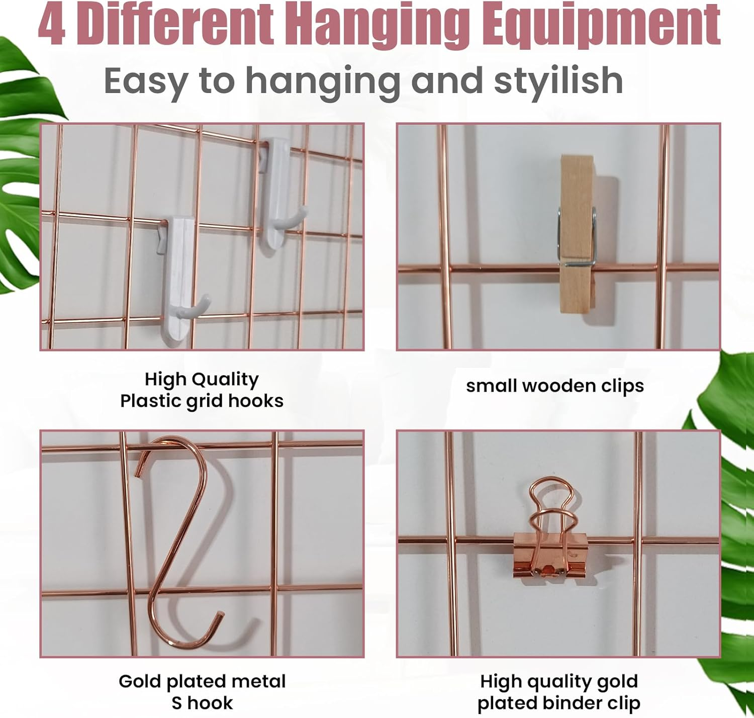 Metal Grid Wall Panel, Photo Display Organizer, 17.3"&times;11.8" Rose Gold Wire Board, Picture Frame, 4-Pack Mesh Memo Board with Clips and Hooks image number 5