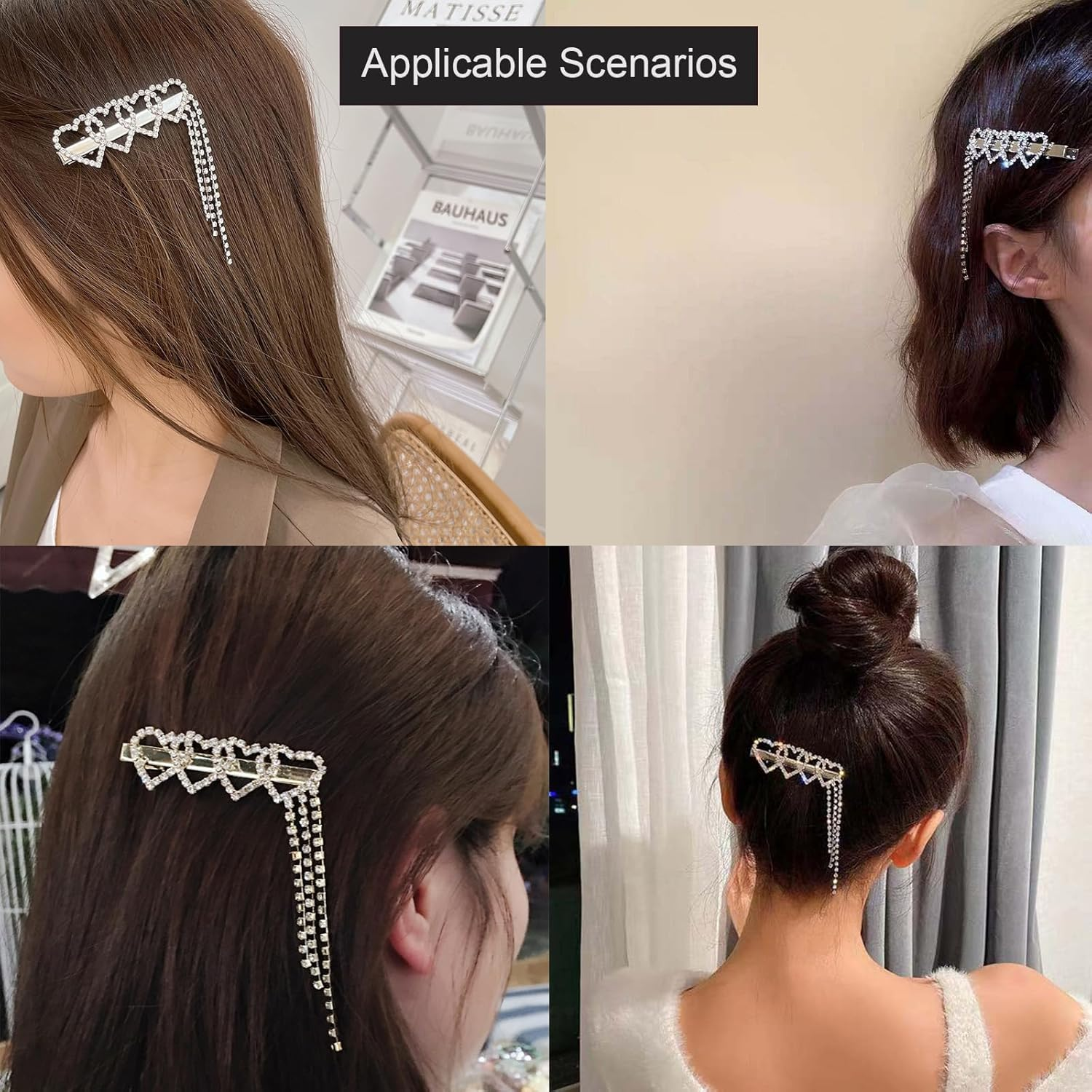 2 PCS Love Tassel Metal Hair Clips Rhinestone Hair Clips Chain Hair Clips Side Bangs Hair Clips for Ladies Girls image number 4