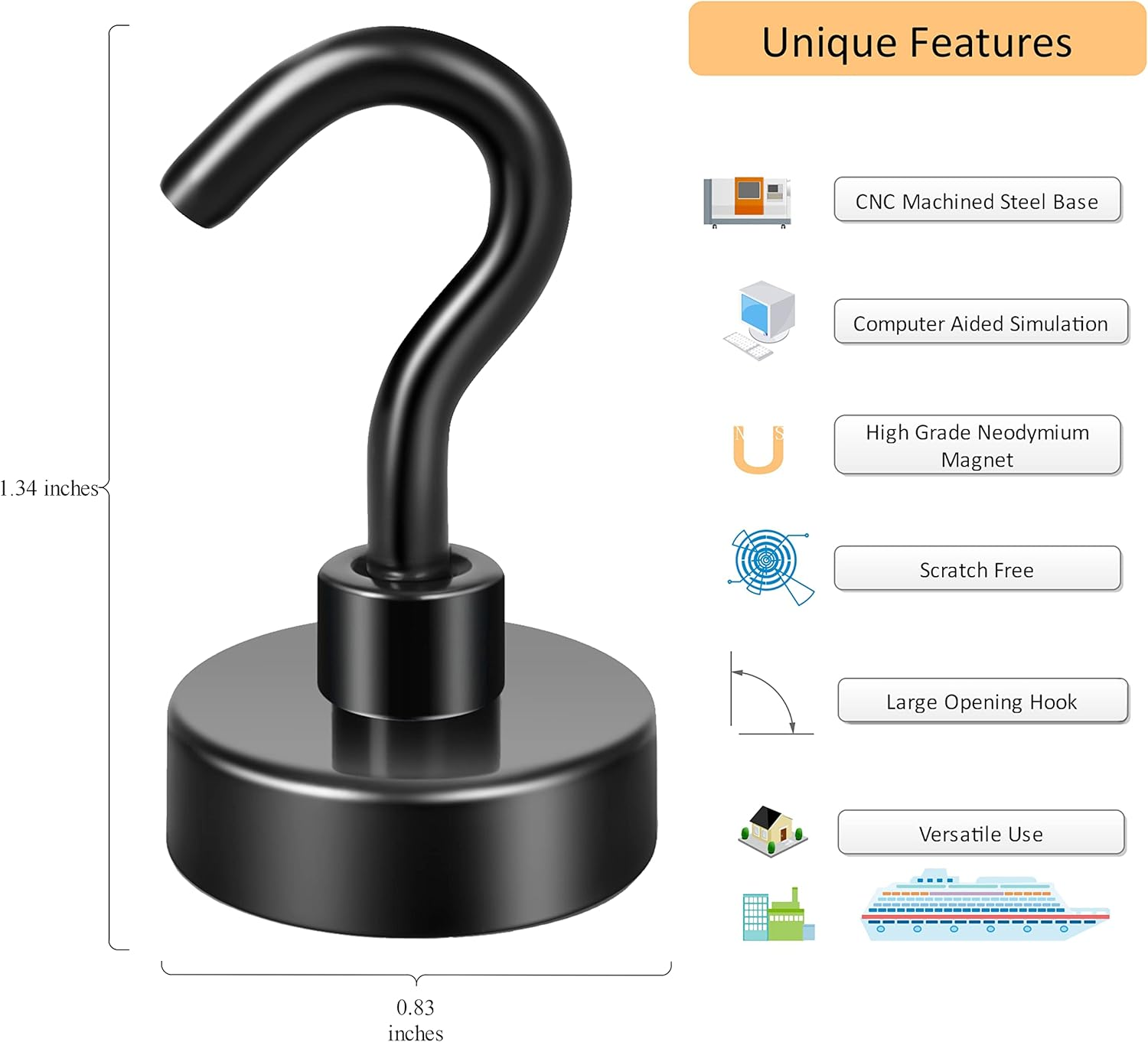 Neosmuk Black Magnetic Hooks,Heavy Duty Earth Magnets with Hook for Refrigerator, Extra Strong Cruise Hook for Hanging, Magnetic Hanger for Cabins, Grill (Matte Black, 6 Pack) image number 2