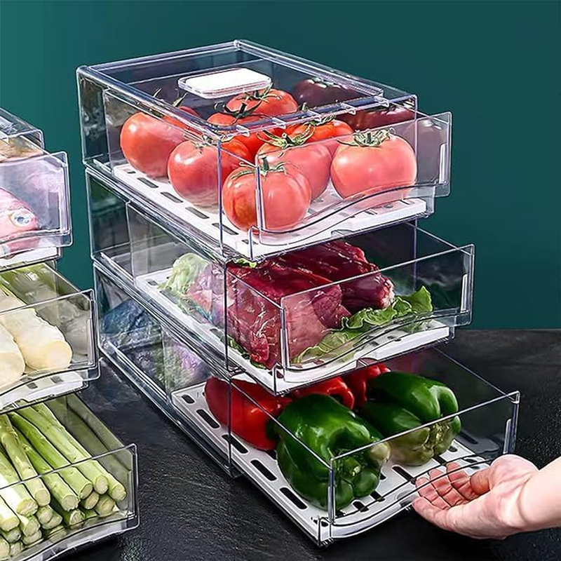 2 Pack 30X14X11Cm Clear Large Fridge Organizer Bins with Pull Out Drawer & Drain Tray, Stackable Fridge Freezer Organizers, Sealed Kitchen Food Container Storage Box for Food Fruit Vegetable Drinks image number 4