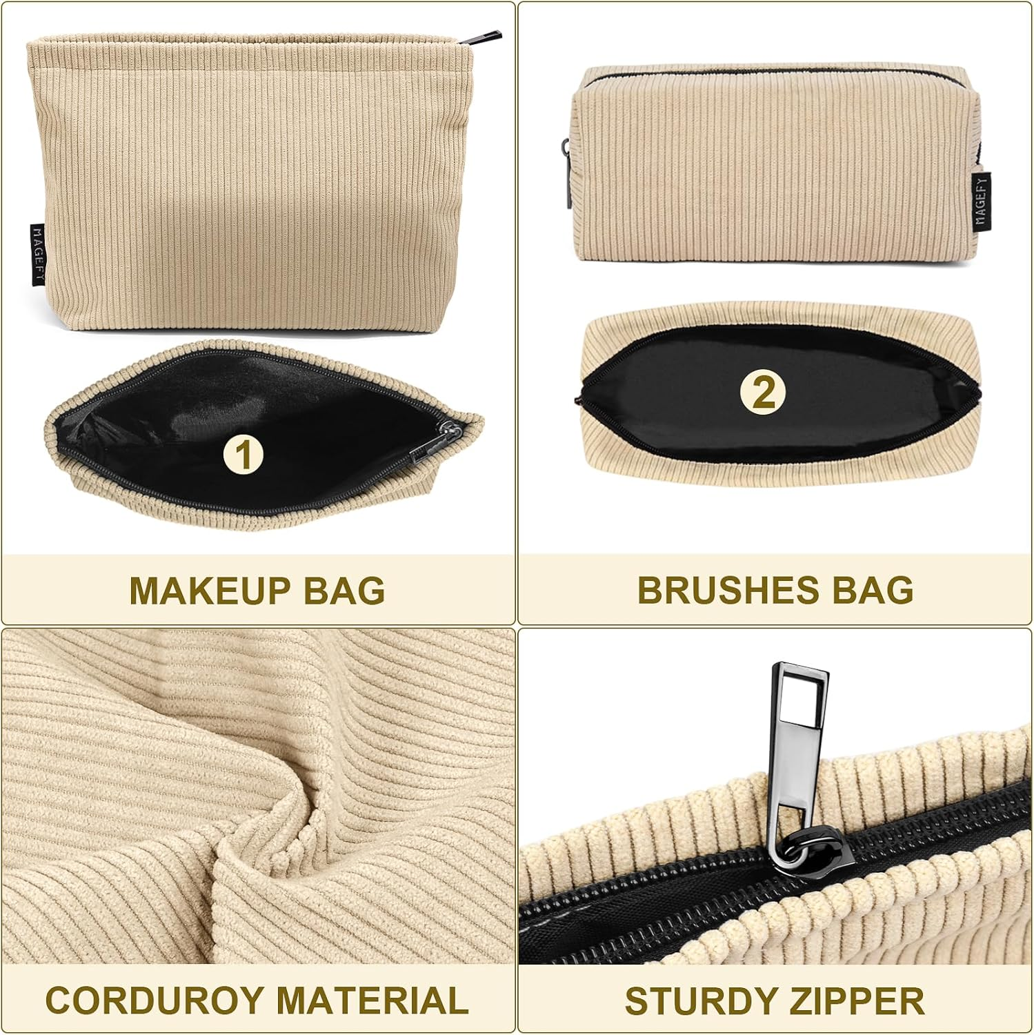 MAGEFY 2 Pcs Makeup Bags for Women, Corduroy Make up Bag for Purse Travel Makeup Bag Small Cosmetic Bags with Zipper Makeup Pouch for Travelling(Beige)