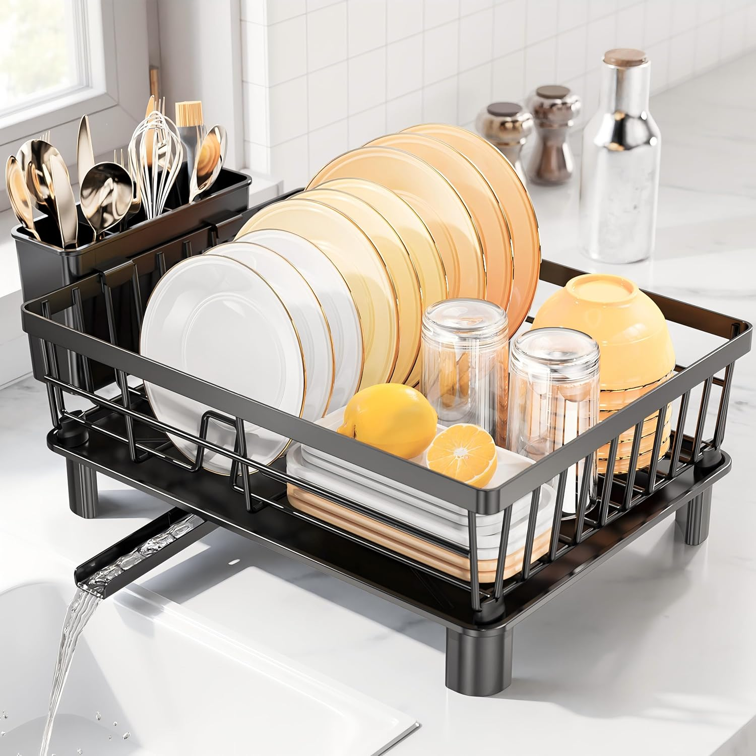 Large Dish Drying Rack with Drainboard, Stainless Steel Dish Rack for Kitchen Counter,Detachable Dish Drainer Organizer Shelf with Utensil Holder Set (Black)
