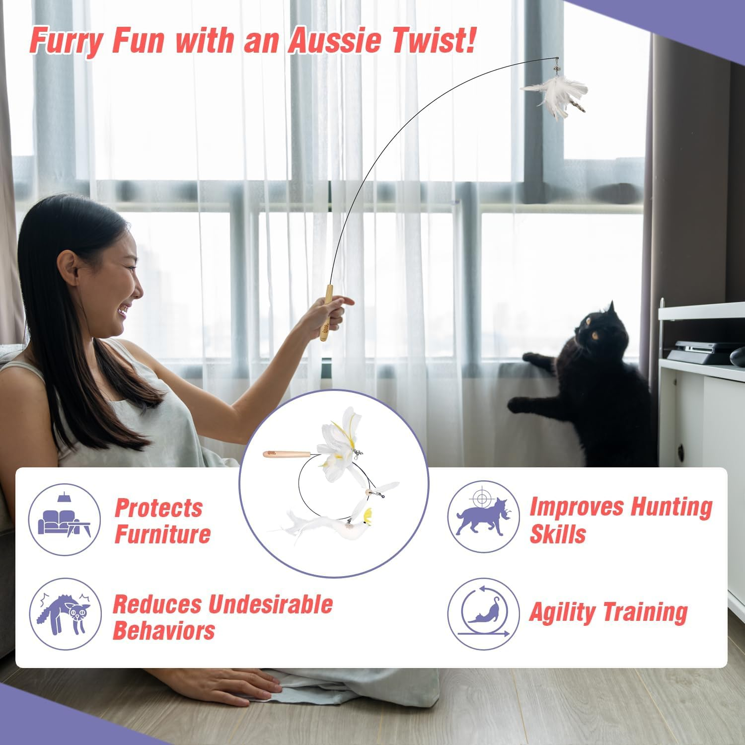 Cockatoo Wand Toy Set &ndash; Interactive Cat Wand with Wooden Handle & 6 Feather Attachments, Includes 2 Bird Toys, 2 Jingle Jangle Toys & 2 Helicopter Feather Toys &ndash; Vet Designed - Black image number 3