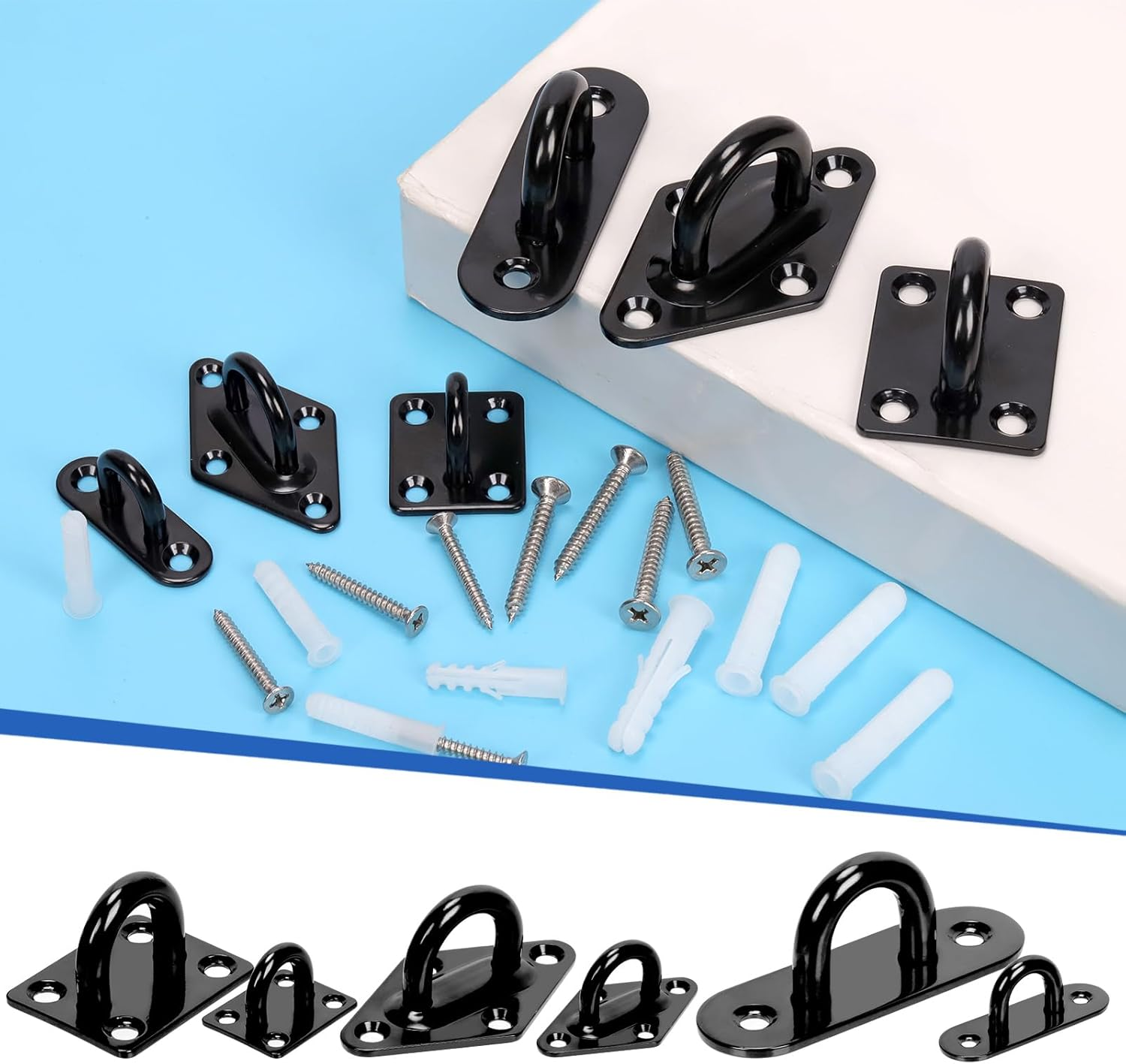 Glarks 36Pcs M5 Stainless Steel Pad Eye Plate Hook Kit, Diamond Eye Plate U Hooks Heavy Duty Ceiling Hooks and Carabiner Clips Snap Hook for Ceiling and Mounting Hanging Hardware image number 3