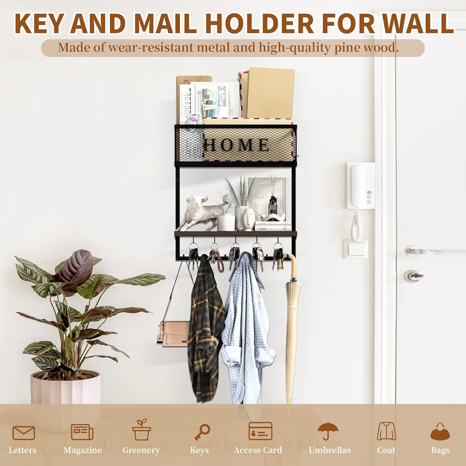 Mail and Key Holder Wall Mount - Entryway Organizer with Metal Hanger, Wooden Shelf, 11 Hooks - 4 in 1 Rack for Home Decor (Black) image number 6