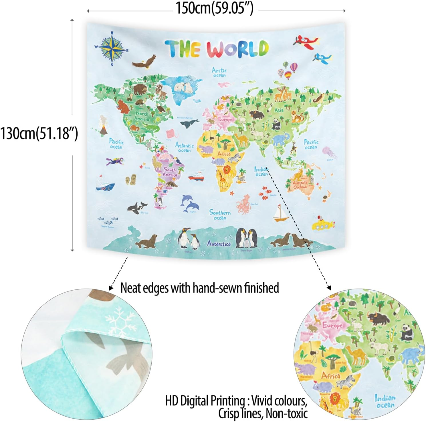 BASHOM TP-001 Animal World Tapestry Poster for Kids Educational Learning Wall Hanging for Bedroom Living Room Nursery Dorm Home Decor 60''X50''(150X130Cm) image number 2