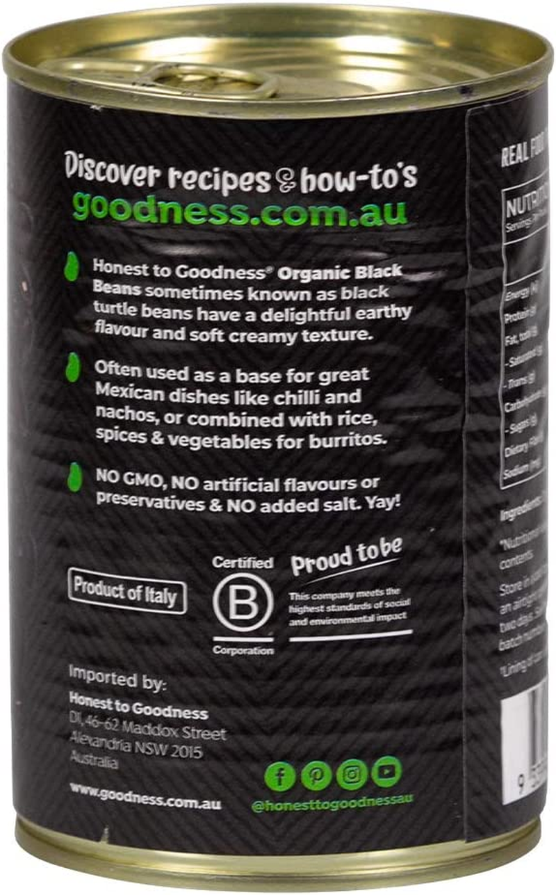 Honest to Goodness, Organic Black Beans, BPA Free (Cooked), 400 Grams - Known as Black Turtle Beans, Ready to Eat! a Great Pantry Staple .No GMO, No Preservatives. image number 2