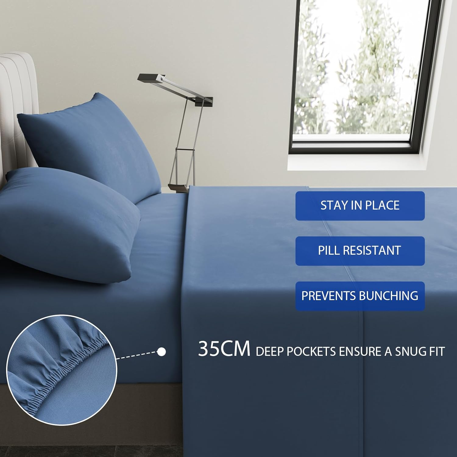 RUN HELIX 4 Pieces King Bed Sheet Set - Ultra Soft Microfibre Fabric Fitted Sheet with 35Cm Deep Pocket, Mattress Protector, Easy Care, Wrinkle Free, Fitted Sheet & Flat Sheet & 2 Pillowcases, Blue image number 6