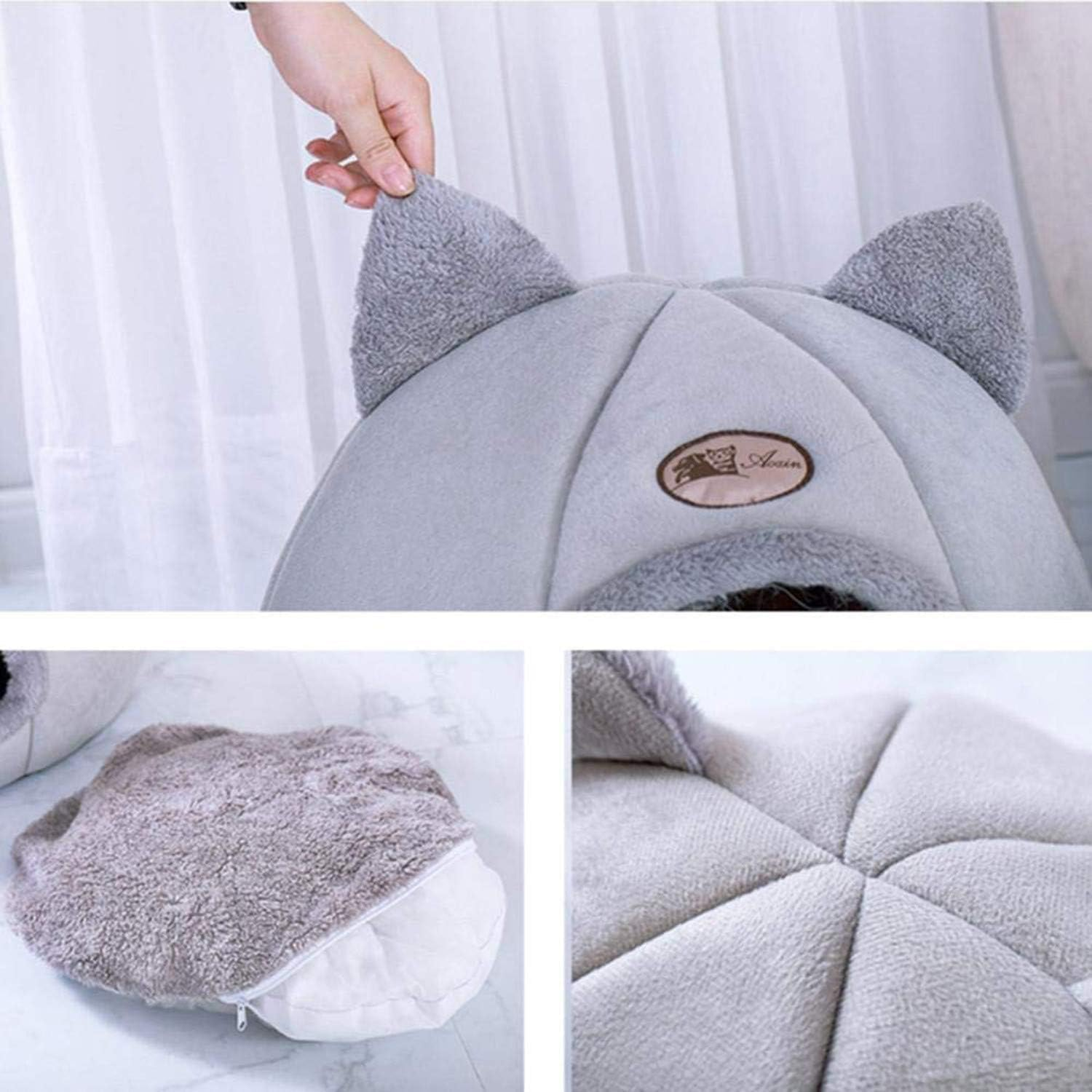 Cat Bed Cave with Dome Shape - Soft Plush Premium Cotton No Deformation Cave, Lightweight Portable Bed, House for Indoor Kitten and Small Dog, Grey(L) image number 3