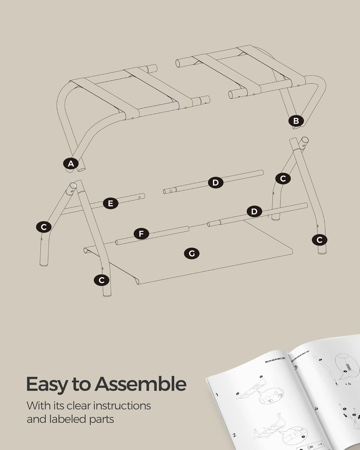 SONGMICS Luggage Racks, Set of 2, Suitcase Stand with Fabric Storage Shelf, for Guest Room, Bedroom, Hotel, Foldable, Holds up to 110 Lb, 27.2 X 15 X 20.5 Inches, Cloud White URLR002W02 image number 2