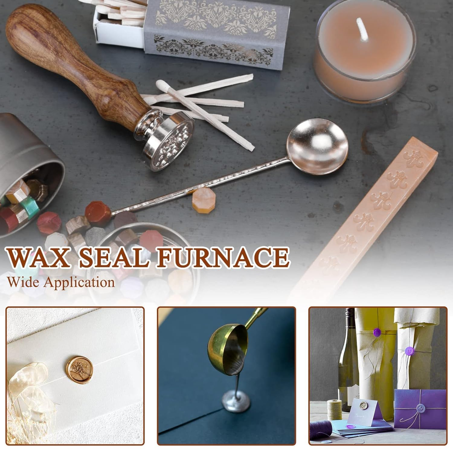 Wax Seal Kit, Wood Wax Seal Warmer, 2 PCS Wax Seal Melting Furnace Tool with Melting Spoon for Wax Sealing Stamp Letter Envelope, Wax Seal Sticks Sealing Wax Beads, Beech image number 2