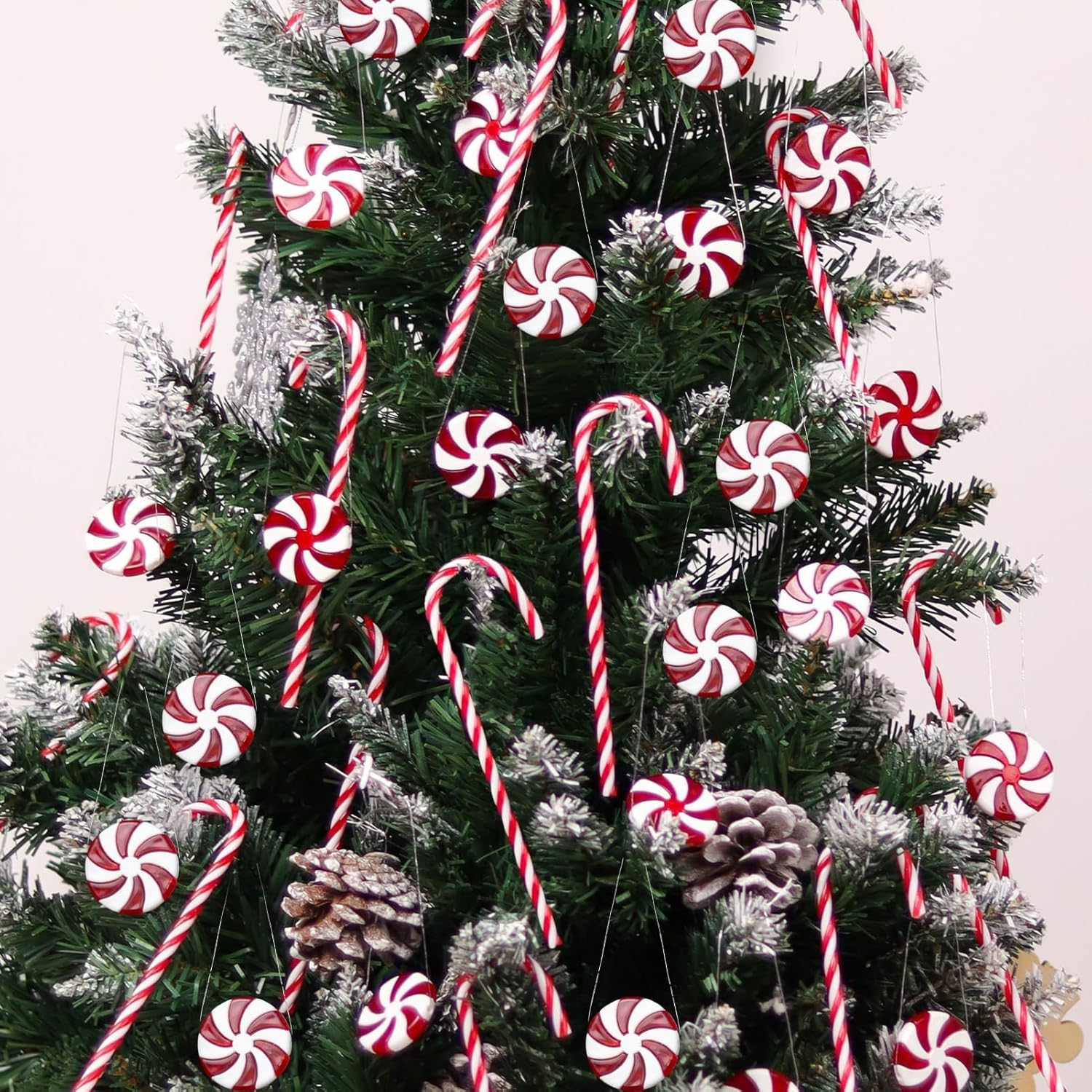 60Pcs Candy Canes Christmas Tree Decorations-Plastic Peppermint Candy Cane Ornaments for Christmas Tree Decor Candy Lollipop Craft Christmas Party Supplies image number 4