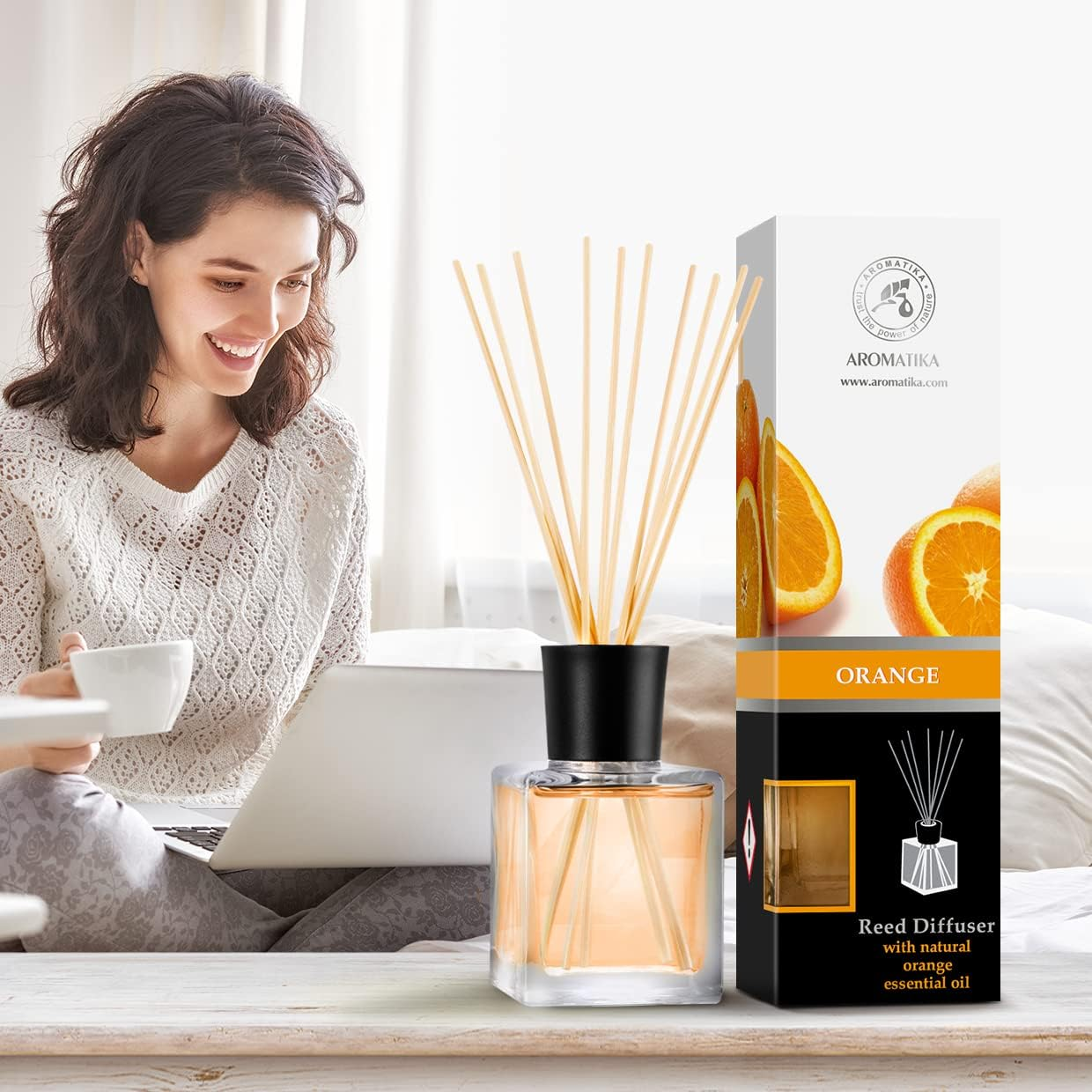 Orange Reed Diffuser Natural Essential Orange Oil 200Ml - Fresh & Long Lasting Home Fragrance - Gift Set with Bamboo Sticks - Best for Aromatherapy - Spa - Home - Kitchen - Bath - Office image number 4
